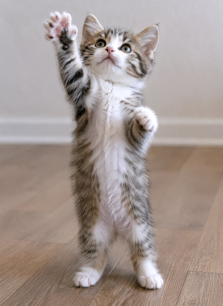 「「えいっ！捕まえるにゃ！」🐈💨 後ろ足で立って一生懸命手を伸ばす姿が愛おしすぎる！元気いっぱいのお遊びタイムだよ✨」A playful tabby and white kitten standing on its hind legs on a wooden floor, reaching one front paw high up into the air as if trying to catch something. フローリングの床の上で後ろ足で立ち上がり、何かを捕まえようとするかのように片方の前足を高く上に伸ばしている、遊び心いっぱいのキジトラ白の子猫