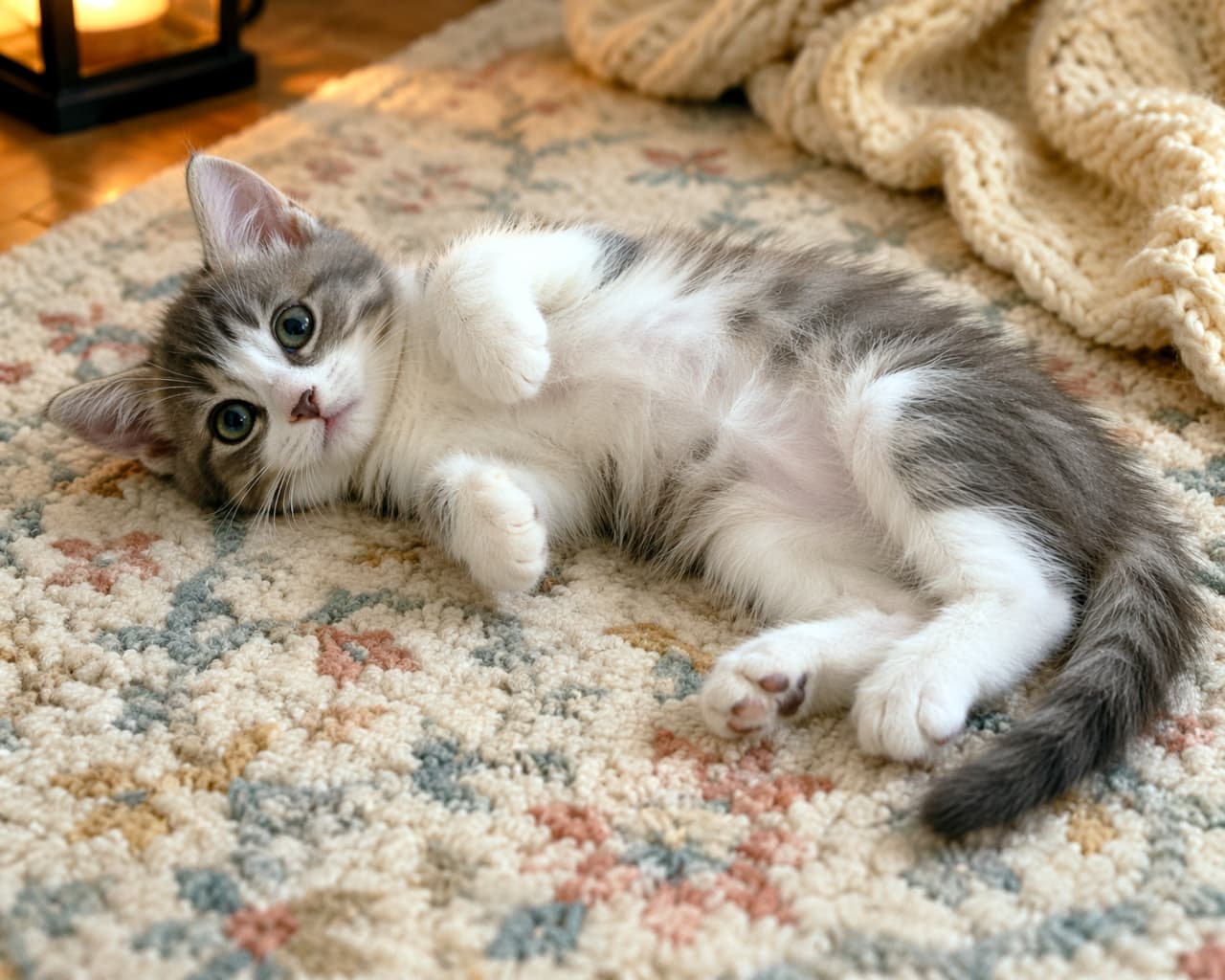 「ゴロゴロくつろぎ中のところをパシャリ📸✨ そんなクリクリのおめめで見つめられたら、もうメロメロになっちゃうよ〜！💘」A cute tabby and white kitten lying comfortably on its side on a patterned rug, looking directly into the camera with big, expressive eyes. 花柄模様のラグの上で横向きに寝転がり、リラックスしたポーズのまま、大きくクリクリとした目でカメラをじっと見つめるキジトラ白の子猫