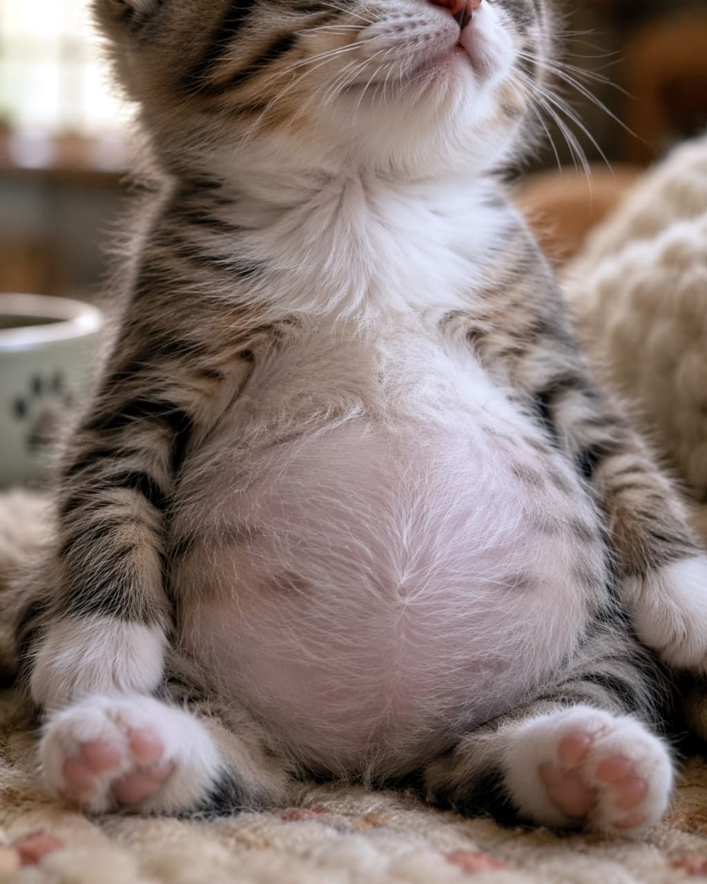 「ご飯いっぱい食べたのかな？🍼 ぽっこり丸いお腹がたまらない！思わずツンツンしたくなる魅惑のぽんぽこりんです💖」A close-up shot of a fluffy tabby kitten sitting upright, proudly displaying its very round, soft belly while basking in the sun. 日向ぼっこをしながらちょこんと座り、ぽっこりとした柔らかそうで丸いお腹を堂々と見せているふわふわなキジトラの子猫のクローズアップ