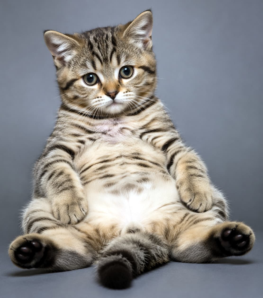 「人間みたいに座るキジトラ子猫🐾 お腹の折りたたみ加減が可愛すぎるポーズに癒やされる💕 スタジオ撮影でおすまし✨」A photorealistic close-up photograph of a tabby kitten sitting like a human under studio lighting. The cat has its back slightly slouched, and its belly is folding slightly. The chest, folded belly, and hind legs with paw pads are clearly visible. The background is a uniform gray. 写実的なクローズアップ写真。スタジオ照明の下で、人間のように座っているキジトラ模様の子猫。猫は背中を少し丸め、お腹が少し折りたたまれている（折り重なっている）。胸部、折りたたまれた腹部、後脚（足の裏の肉球も含む）がはっきりと見えている。背景は均一なグレー