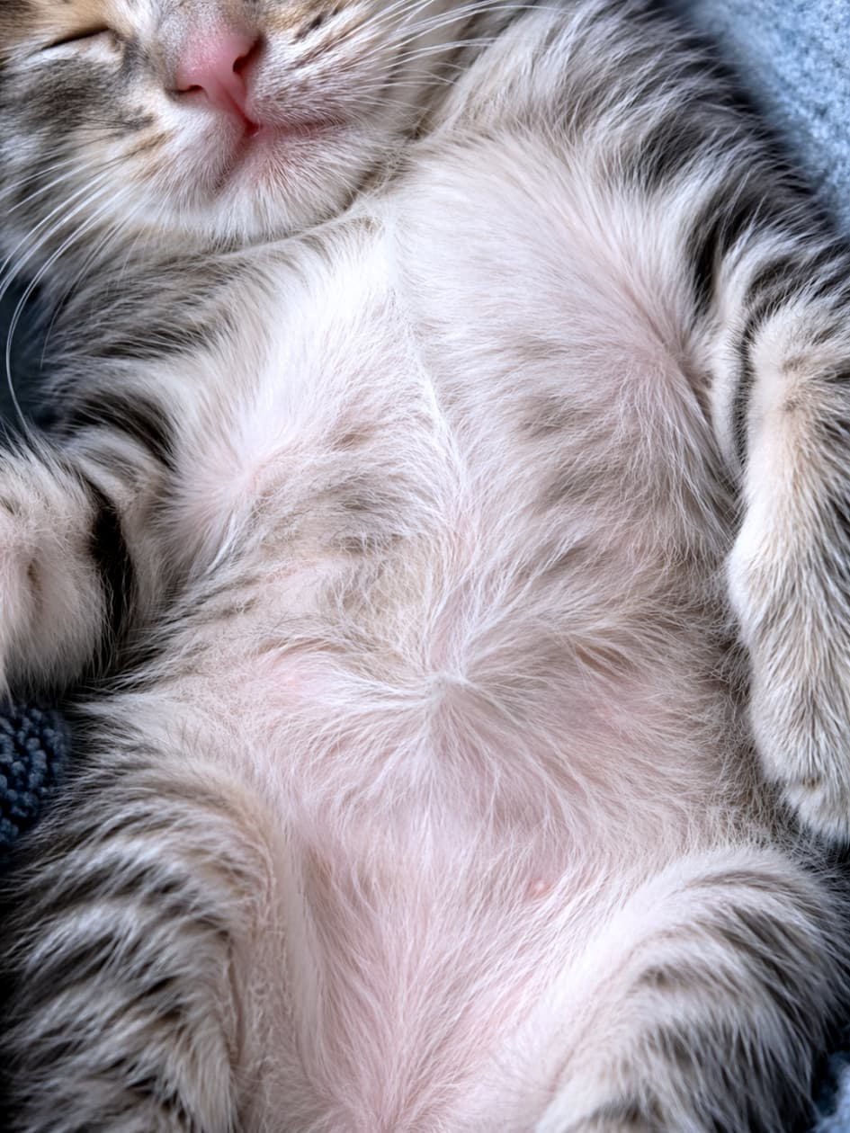 「画面いっぱいのモフモフお腹のドアップ！☁️ この柔らかそうな毛並みに、思いっきり顔を埋めて深呼吸したくなっちゃうね🥺💕」An extreme close-up of a sleeping tabby kitten, focusing heavily on its exceptionally soft and fluffy belly fur, with the kitten's chin and nose barely visible at the top. ぐっすり眠っているキジトラの子猫の極端なクローズアップ写真。非常に柔らかくてふわふわしたお腹の毛並みに焦点を当てており、上部に少しだけあごや鼻先が見える