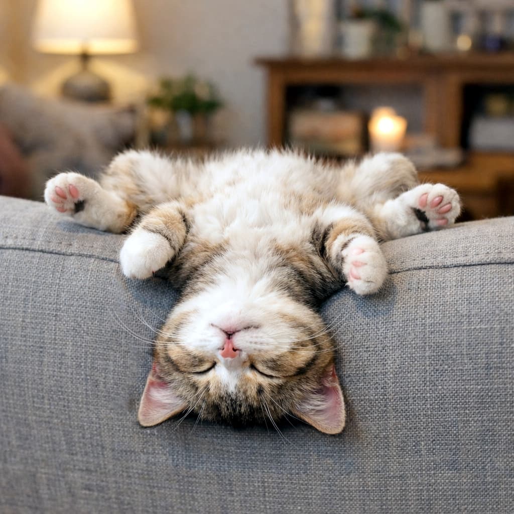 「無防備すぎるヘソ天！ソファの縁から頭をだらーんと垂らして爆睡中の子猫ちゃん。ふわふわお腹にダイブしたい💕」A photorealistic square photograph of a tabby kitten completely relaxed and sprawled on its back on top of a sofa backrest. Its head and upper shoulders are gently draping backward over the edge, making the face appear upside down naturally. The fluffy belly is facing straight up and fully exposed, with pink paw pads visible. Cozy living room background with warm lighting. 写実的な正方形の写真。キジトラ模様の子猫がソファの背もたれの上で仰向けになり、完全にリラックスしている。頭と肩が手前の縁から垂れ下がり、顔が自然な逆さまの状態で見えている。上を向いたふわふわのお腹が完全に見え、前脚と後脚のピンクの肉球が覗いている。背景はランプが灯る居心地の良いリビングルーム