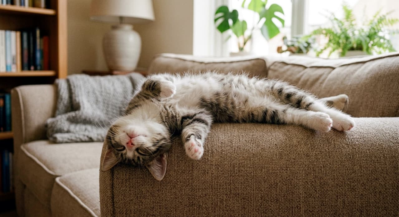 「ソファでとろける子猫ちゃん🐾 頭を逆さまに垂らして、お腹丸出しの無防備なリラックスポーズが可愛すぎる✨」A photorealistic horizontal photograph of a tabby kitten completely relaxed and sprawled on its back along a beige sofa. Its head gently drapes backward over the front edge, appearing upside down naturally. The fluffy belly faces up, showing a clear, smooth connection from the inverted chest to the hips. Cozy living room background with a bookshelf, lamp, and potted plants. 写実的な横長写真。キジトラ模様の子猫がベージュのソファの上で仰向けに寝転がっている。頭が手前の縁から下へ垂れ下がり、顔が逆さまになっている。上を向いたふわふわのお腹から腰にかけての滑らかなラインがはっきりと見える。背景には本棚、ランプ、観葉植物がある居心地の良いリビングルーム
