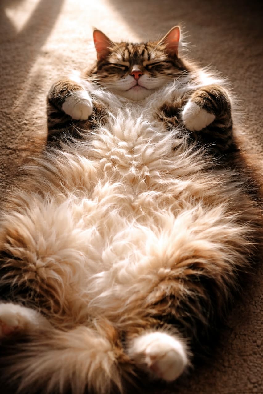 「ぽかぽかお日様の下でへそ天でお昼寝中☀️光に透ける極上のモフモフ毛布に、見ているこっちまで眠くなっちゃうニャ〜😴✨」A long-haired tabby cat sleeping peacefully flat on its back on a carpet, illuminated by warm, dramatic sunlight that highlights its incredibly fluffy belly and curled paws. 暖かい日差しが差し込む絨毯の上で、仰向けになって気持ちよさそうに眠る長毛の猫。光に照らされたフワフワのお腹の毛が美しく輝いています