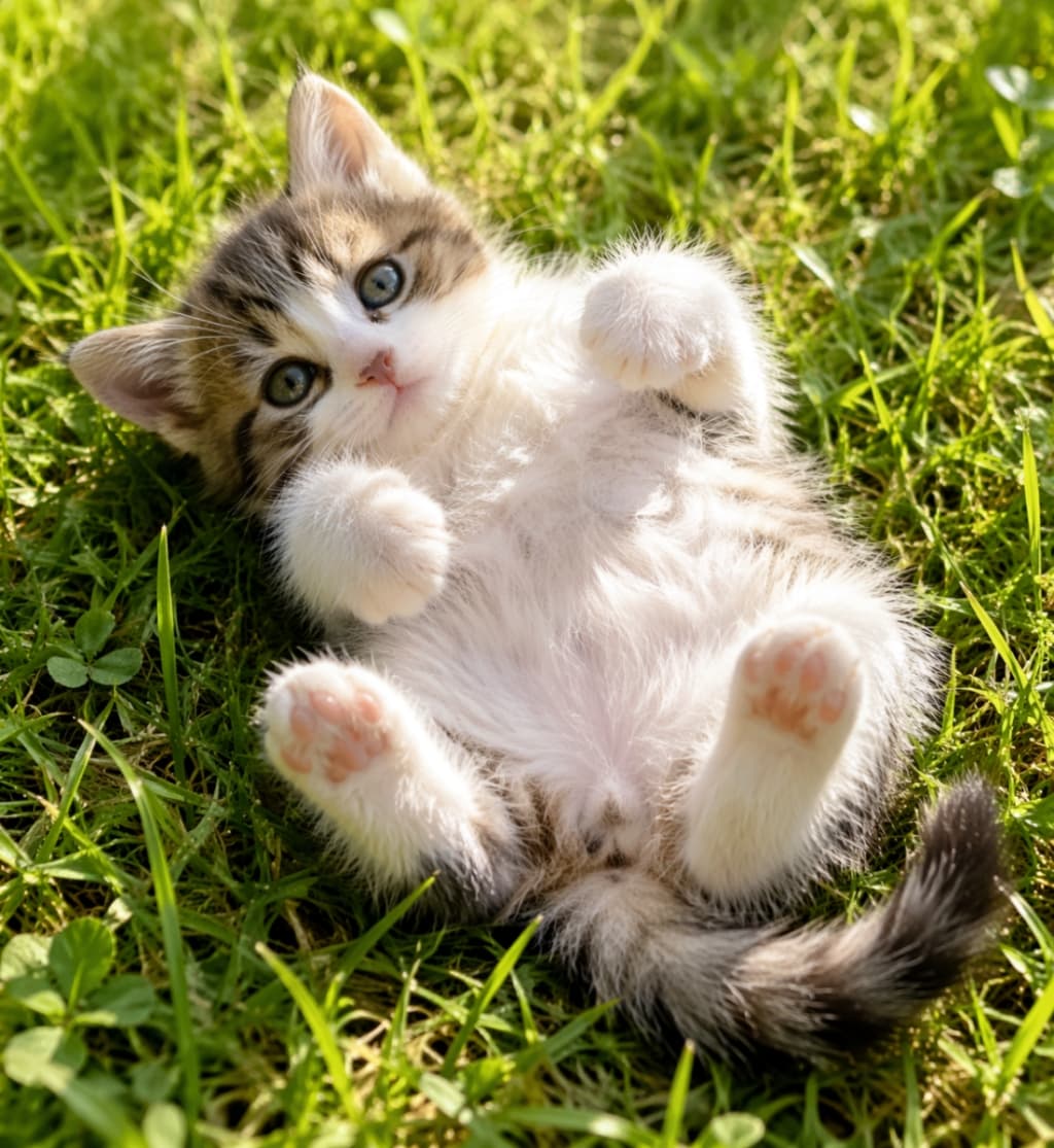 「お外でのんびり日向ぼっこ☀️ぽかぽか陽気で最高だね🐾✨ #お散歩猫 #子猫のいる生活」Ultra-realistic high-quality photograph of a cute tabby and white kitten lying on its back in bright sunny green grass, looking at the camera. 太陽の光が差し込む緑の芝生の上で、仰向けになってこちらを見つめるキジトラ白の子猫。自然光が美しい高画質でリアルな写真