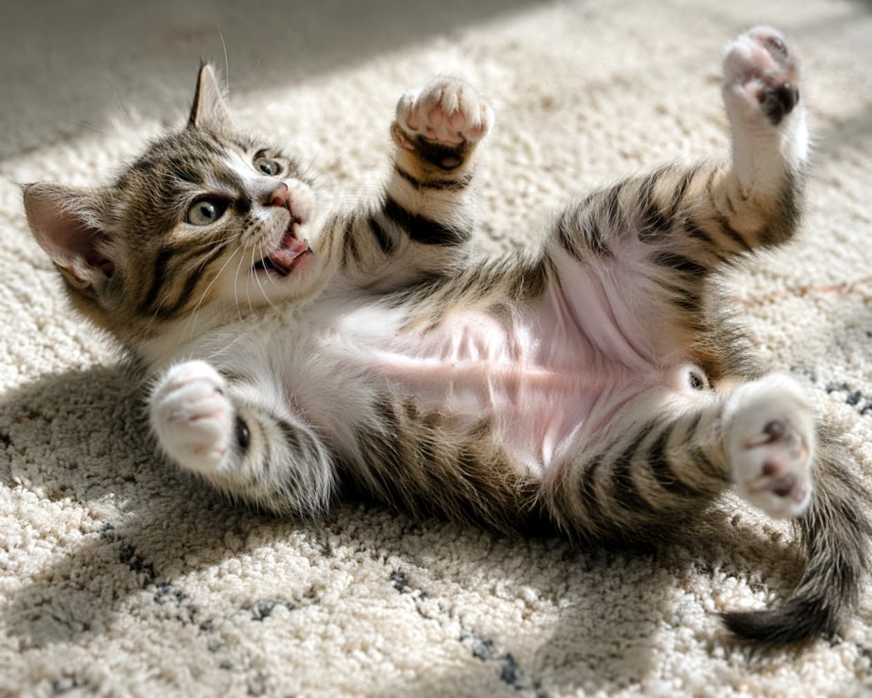 「遊んで遊んで〜！😆元気いっぱいのやんちゃなアピールがたまらない🐾🔥 #子猫のいる暮らし #猫部」Ultra-realistic high-quality photograph of an energetic tabby kitten rolling on its back on a rug with an open mouth and raised paws, playing playfully. ラグの上で仰向けに転がり、口を大きく開けて両手を上げながら遊んでいる元気なキジトラ子猫の高画質でリアルな写真