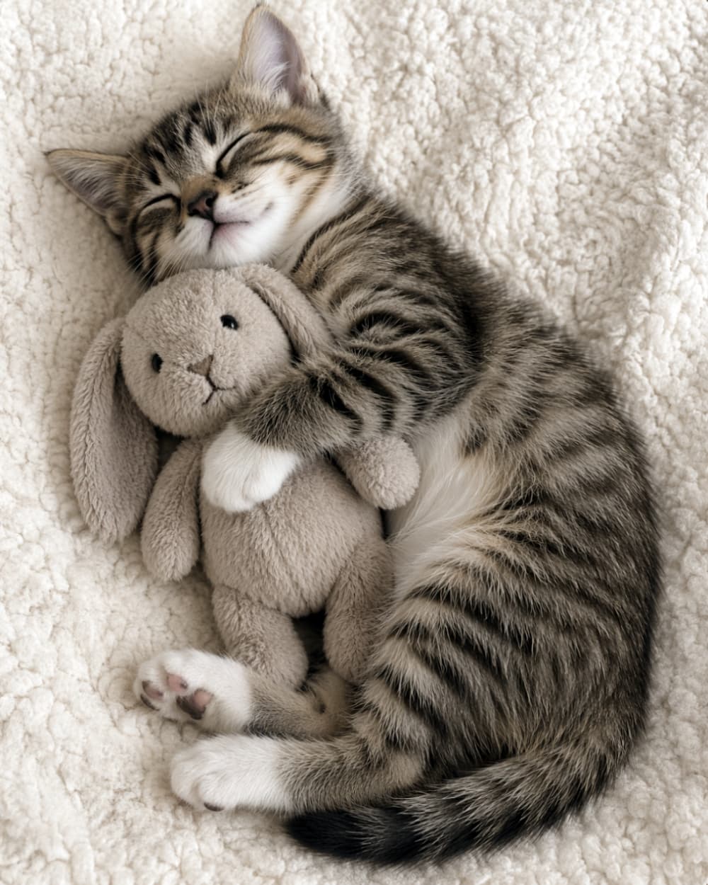 「お気に入りのぬいぐるみと一緒におやすみなさい🌙尊すぎる寝顔にキュン💘 #子猫 #猫とぬいぐるみ」Ultra-realistic high-quality photograph of a sleeping tabby kitten peacefully hugging a plush bunny toy on a fluffy white blanket. ふわふわの白い毛布の上で、ウサギのぬいぐるみを抱きしめながら幸せそうに眠るキジトラの子猫の高画質でリアルな写真