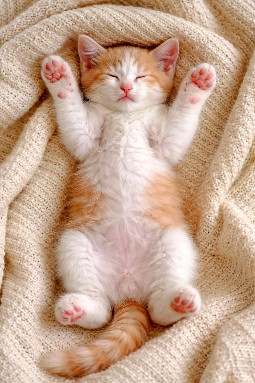 「無おなか全開でぐっすり夢の中🐾伸びた前足とぷにぷに肉球がたまらない、癒し全開のリラックスタイム✨」A kitten sleeping on its back on a soft blanket, with its front paws naturally stretched upward, showing its pink paw pads. Full body in frame. やわらかいブランケットの上で仰向けに眠る子猫。前足を自然に上へ伸ばし、ピンクの肉球が見えている。全身が写っている