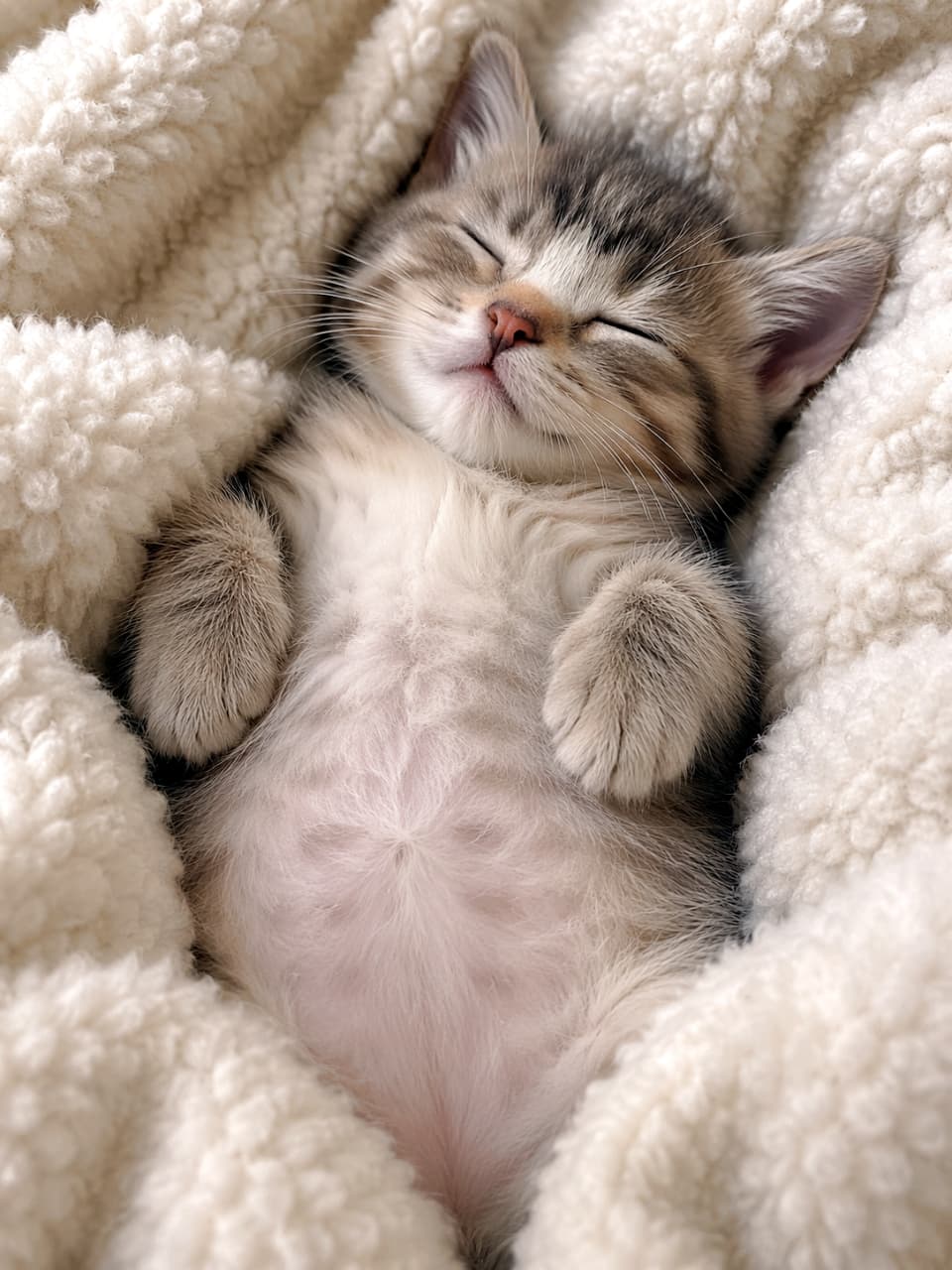 「ふかふか毛布に埋もれてスヤスヤ…☁️幸せな夢を見てね💤✨ #猫の寝顔 #もふもふ」Ultra-realistic high-quality photograph of a sleeping tabby kitten peacefully swaddled in a thick, fluffy white blanket. ボリュームのあるふわふわの白い毛布にすっぽりと包まれ、幸せそうな表情で仰向けに眠るキジトラの子猫の高画質でリアルな写真