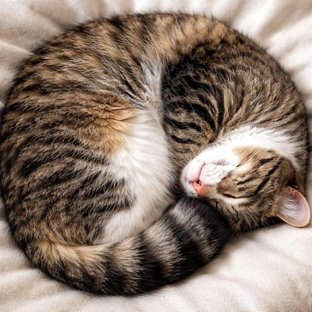 「芸術的なまでのまんまるニャンモナイト🌀💤ふわふわの毛布と同化して爆睡中…可愛すぎるっ🥺💖」Ultra-realistic high-quality photograph from directly above of a tabby cat curled up in a perfect circle, sleeping peacefully on a soft blanket. 柔らかい毛布の上で、体を完璧な丸い形（ニャンモナイト）にして深く眠っているキジトラ猫の俯瞰からの高画質写真