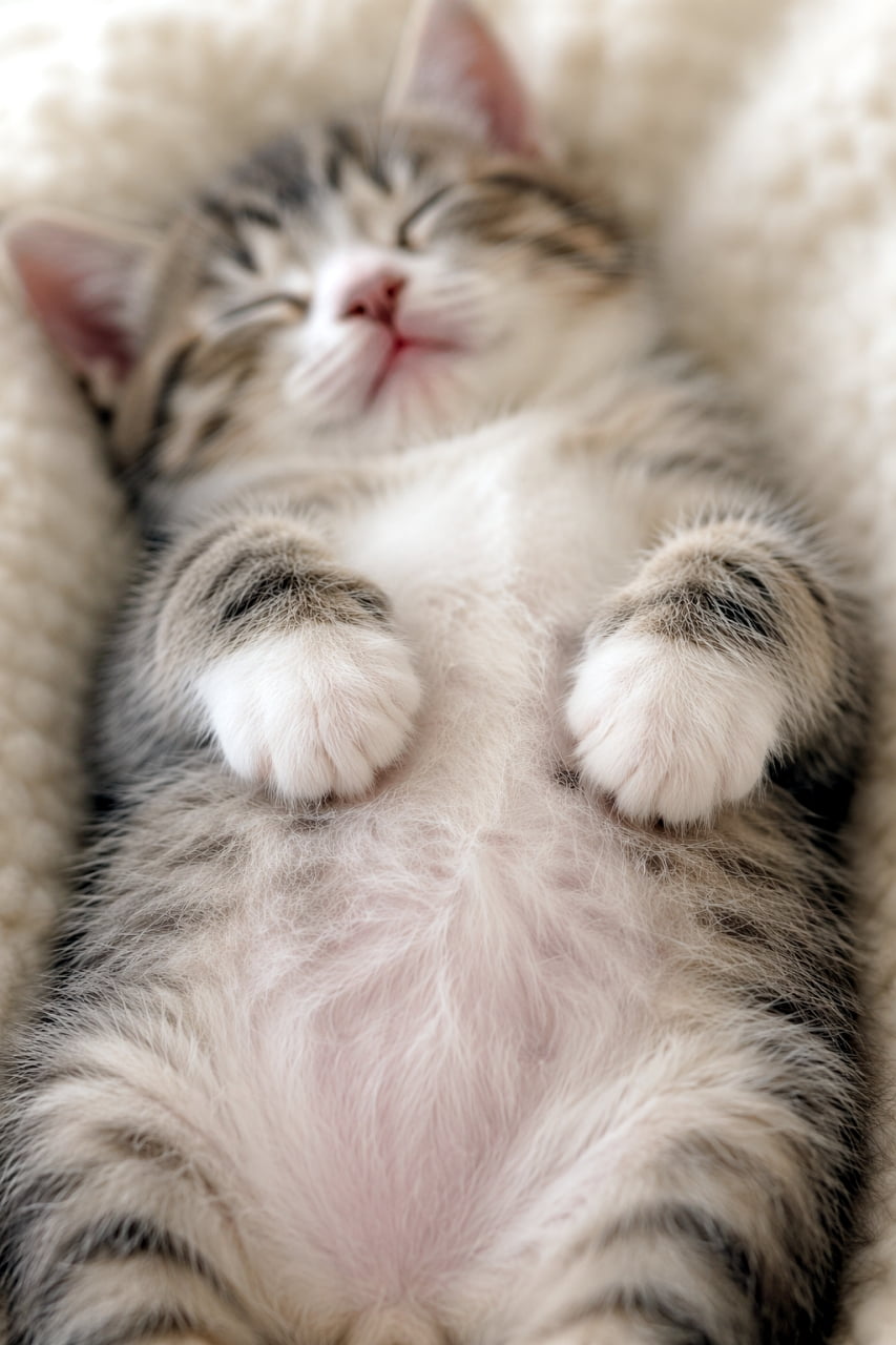 「無防備なへそ天ポーズがたまらない…🥺💕ふわふわ毛布で夢の中へ💤 #子猫 #猫のいる暮らし」Ultra-realistic high-quality photograph of a sleeping tabby kitten lying on its back with curled paws on a soft white blanket. 柔らかい白い毛布の上で仰向けになって眠るキジトラの子猫。前足を胸の前に丸めたリラックスしたポーズの、高画質でリアルな写真