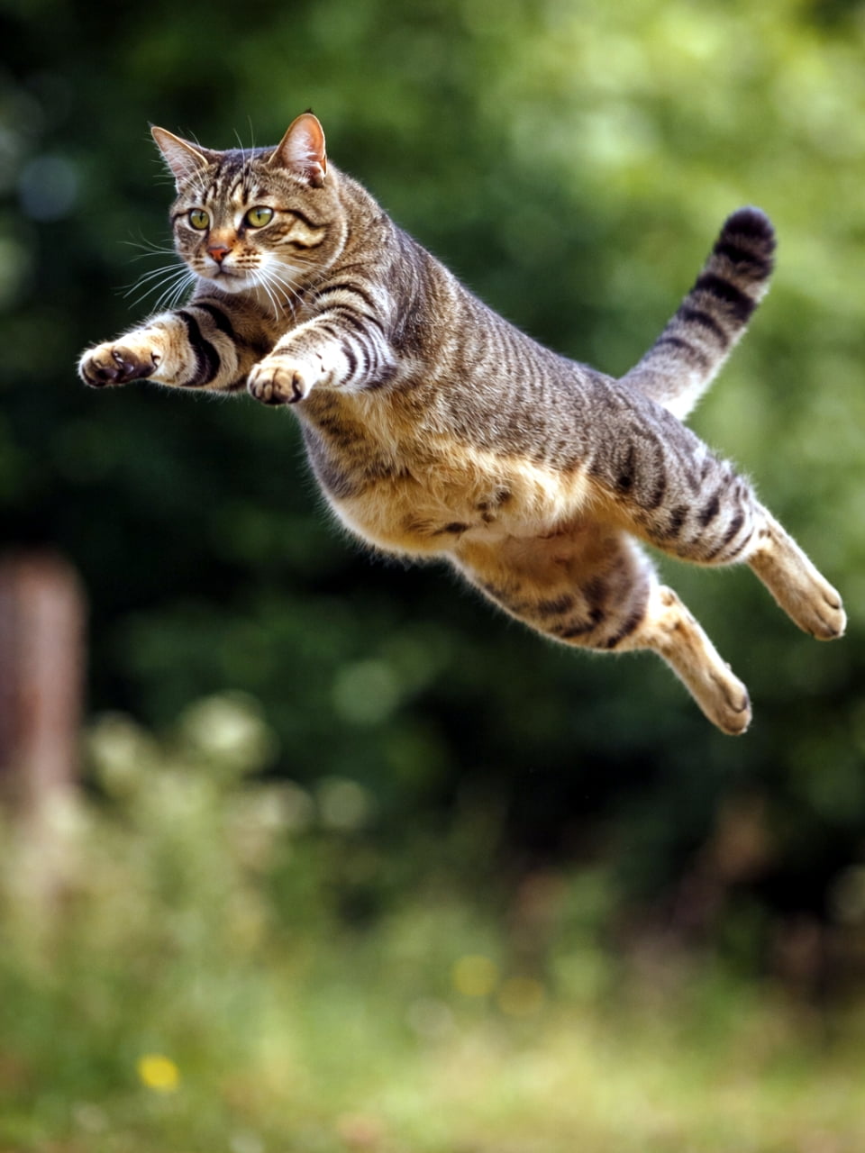 「そぉい！！大自然の中で見事なジャンプを披露するニャンコハンター🍃躍動感たっぷりの空中ポーズがかっこいい！😼💨」A dynamic shot of a tabby cat frozen mid-air as it leaps energetically to the left, with its front paws reaching out against a softly blurred background of green foliage. 緑豊かな自然の風景を背景に、左側に向かって勢いよくジャンプし、空中で手足を伸ばして躍動するキジトラ猫の瞬間を捉えた写真