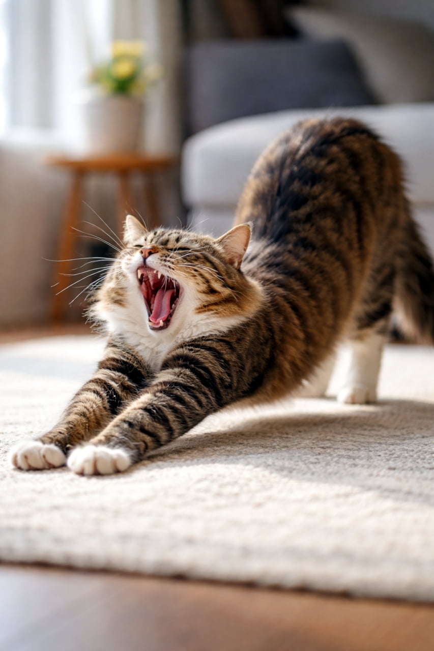 「ん〜っ、と声が聞こえてきそうな大あくび＆伸び🥱☀️気持ちいい朝のスタートにぴったりの一枚！🌿」Ultra-realistic high-quality photograph of a tabby cat yawning widely and stretching its front legs on a rug in a bright, sunlit living room. 明るい室内のラグの上で、気持ちよさそうに大きなあくびをしながら前足をぐーっと伸ばしているキジ白猫の高画質写真。背景にはソファや植物がぼけて写っている