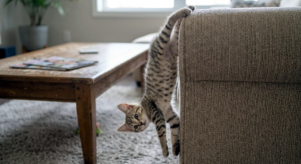「ソファにぶら下がっちゃった🐾 垂直にぶら下がって、お顔だけカメラに向ける子猫ちゃん。好奇心旺盛な眼差しにキュン💕」A detailed photograph of a small tabby kitten dangling from the back of a beige fabric sofa in a cozy living room. The kitten is vertically suspended, holding onto the sofa with its front paws, and is looking directly at the camera (downwards) with a curious expression. The background, softly blurred in soft natural light, features a wooden coffee table with magazines, a grey shaggy rug, a window, and a potted plant. Sharp focus on the kitten's face and body. 居心地の良いリビングルームで、ベージュの布張りソファの背もたれに、小さなキジトラ模様の子猫がぶら下がっている。子猫は垂直にぶら下がったまま、顔だけをカメラ（下方向）に向けて、好奇心旺盛な眼差しで見つめている。木製のローテーブルに置かれた雑誌、灰色のシャギーラグ、窓、観葉植物が柔らかい自然光の中にぼやけて写っている。子猫の顔と体に焦点が合っている
