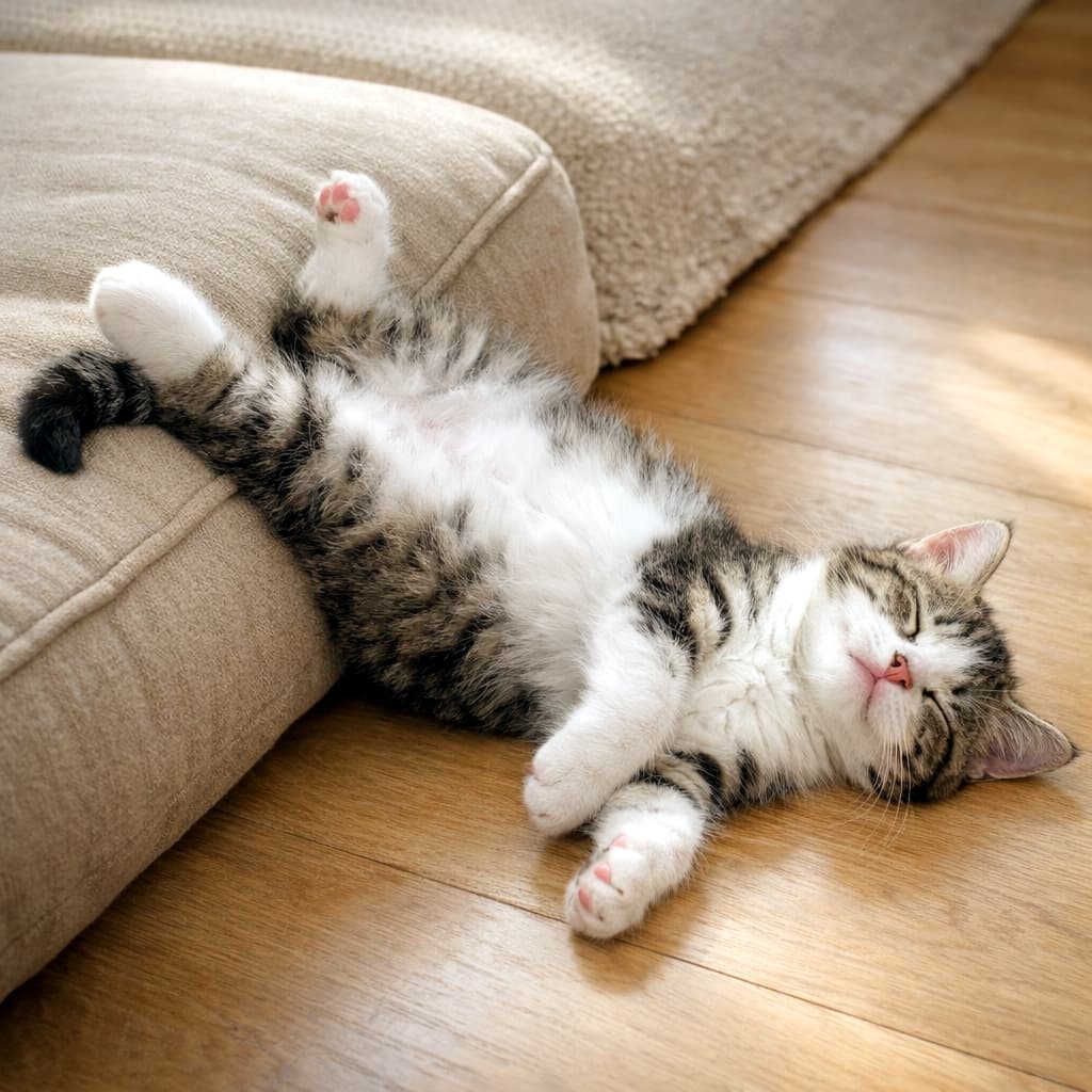 「ヘソ天でソファから滑り落ちちゃった！🐾 お腹丸出しで爆睡中のキジトラ白ちゃん、脊椎の曲線が自然すぎ💕」A square photograph of a tabby and white kitten lying on its back, having half slid off a beige sofa cushion onto a wooden floor. The fluffy belly is fully exposed facing straight up. The kitten has its front paws crossed and hind legs resting on the cushion, in a silly, relaxed sleep pose. Soft natural light. 正方形の写真。ソファのクッションから仰向けで滑り落ち、木目の床で寝ているキジトラ白の子猫。ふわふわのお腹を真上に向け、前脚を顔の前で交差させ、後脚をクッションに残している。柔らかい自然光が差し込んでいる