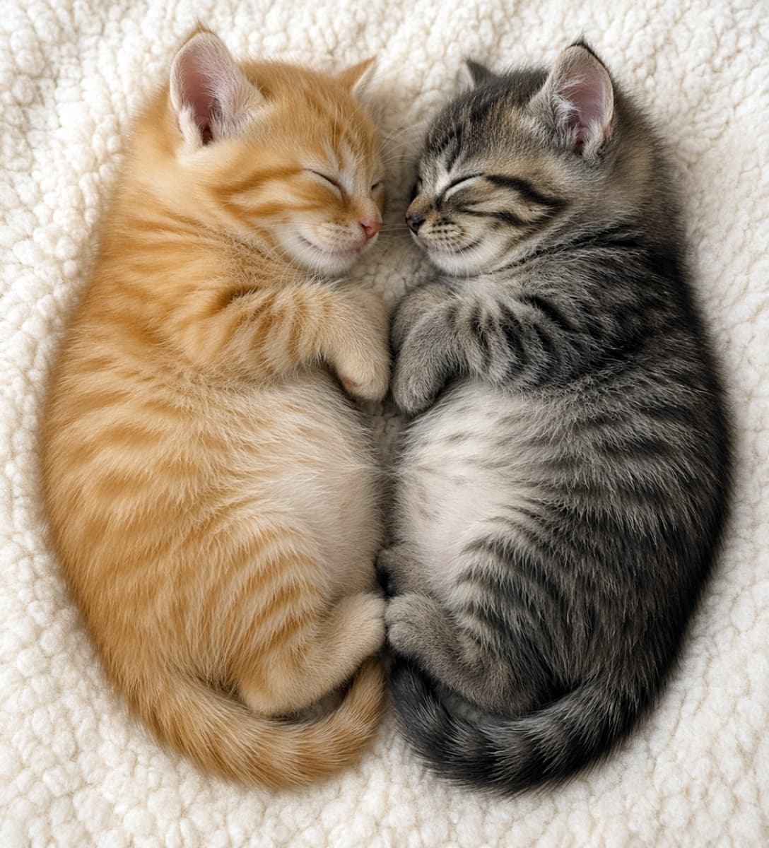 「仲良し2匹でくっついてお昼寝タイム🐈🐈 ぽかぽか温め合って、なんだかハートの形に見えちゃう奇跡のショット！❤️」Two young kittens, one orange tabby and one brown tabby, sleeping peacefully curled up together on a fluffy white rug, their bodies almost forming a heart shape. ふわふわの白いラグの上で、茶トラとキジトラの2匹の子猫が寄り添うように丸くなってぐっすり眠っている、まるでハートのようにも見える姿
