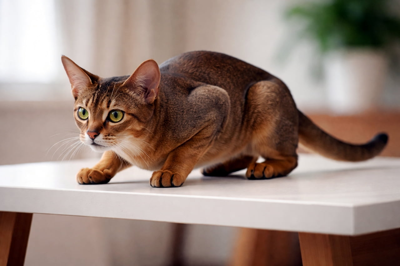 「ターゲット発見にゃ！👀✨ 今にも飛びかかりそうな躍動感たっぷりのアビシニアン🐈💨」Ultra-realistic high-quality photograph of an Abyssinian cat in a pouncing position on a white table. 白いテーブルの上で身を低くして獲物を狙うポーズをとる、美しい毛並みのアビシニアンの高画質写真