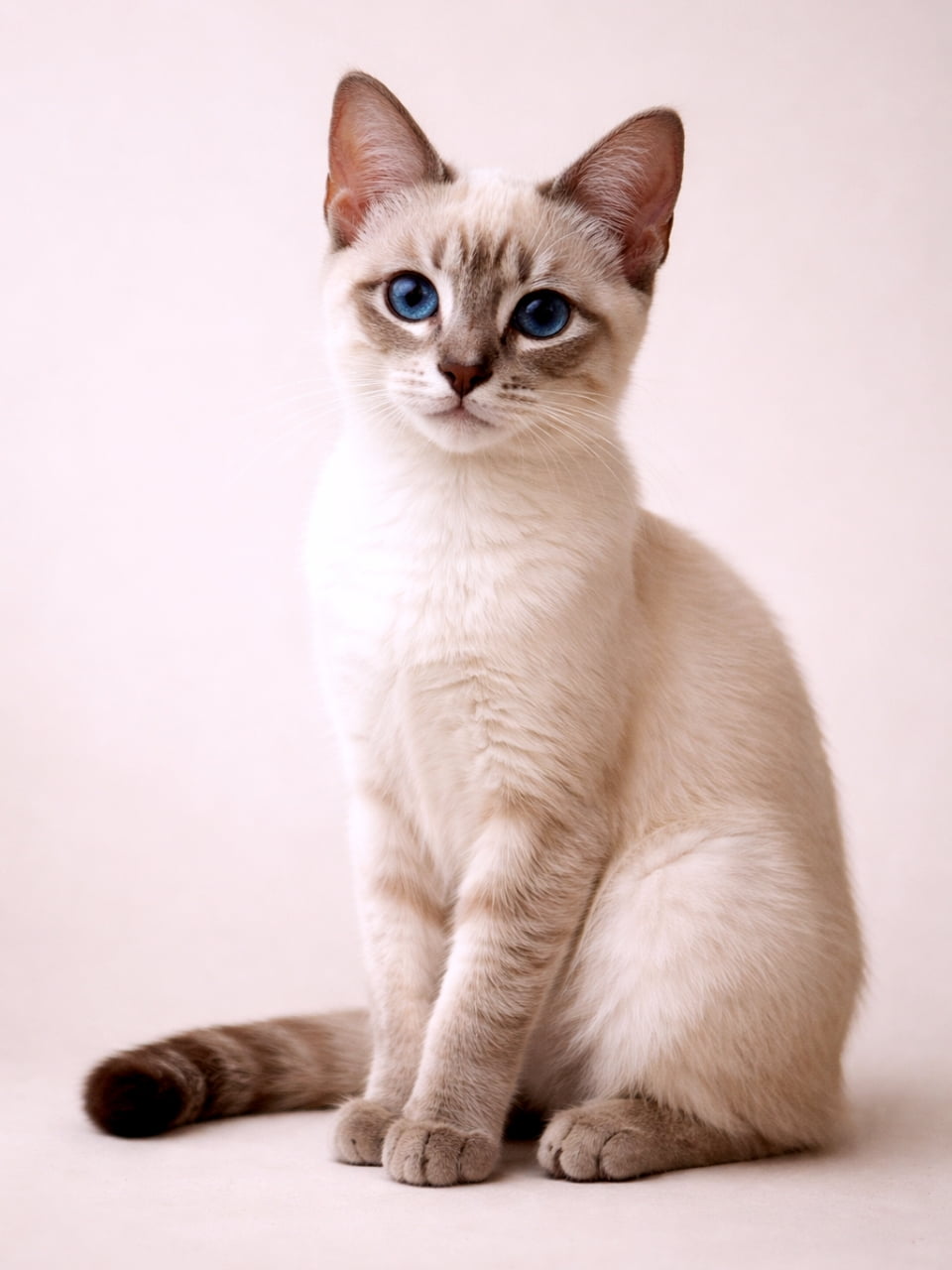 「宝石みたいなブルーの瞳に吸い込まれそう💎✨ 上品なお座りポーズの子猫ちゃん🐱💙」Ultra-realistic high-quality portrait photograph of an elegant Siamese mix kitten with blue eyes sitting and looking at the camera. 澄んだ青い目でお座りをしてこちらを見つめる、上品なシャムミックスの子猫の高画質ポートレート