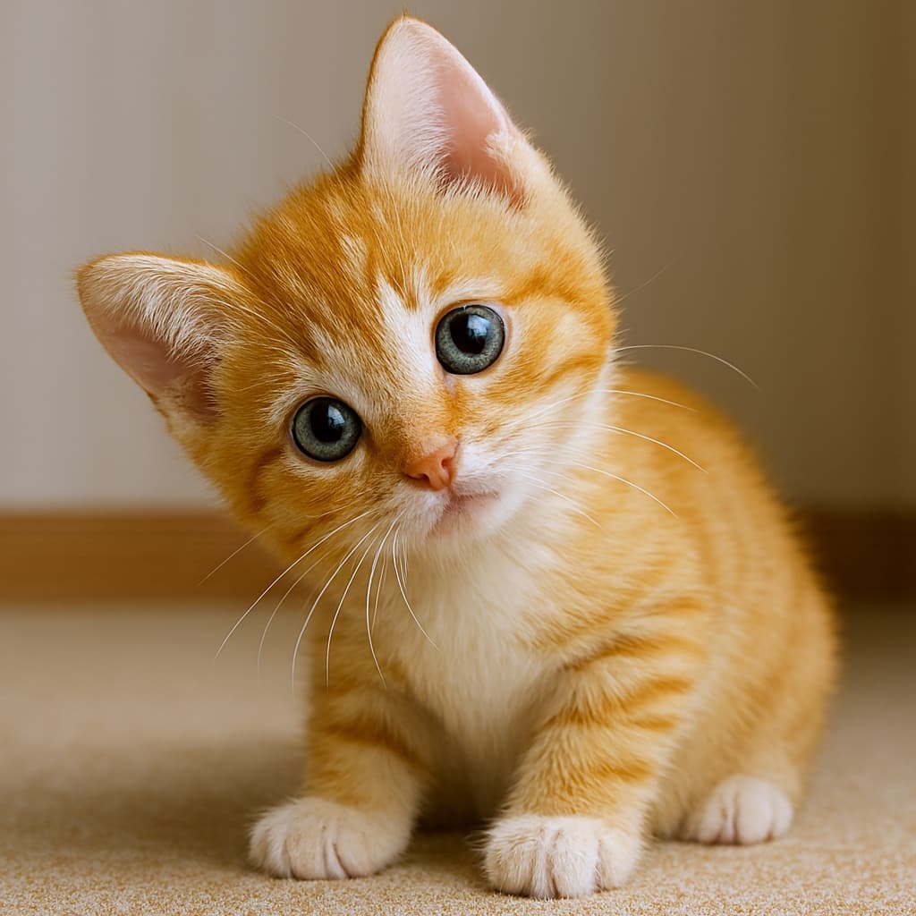 オレンジタビーの子猫が、ベージュのカーペットの上でちょこんと座り、大きな青い瞳でこちらを見つめている。背景はやわらかな室内で、子猫の愛らしさが際立っている。
