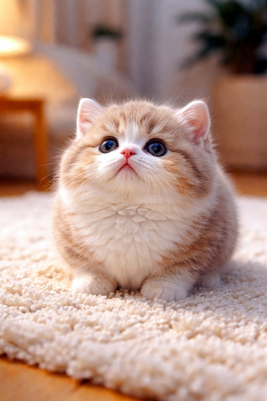 「上目遣いに胸キュン💘もふもふラグと同化しちゃいそうな、まん丸フォルムの子猫ちゃん🐾」Ultra-realistic high-quality photograph of a round, orange and white British Shorthair kitten sitting on a fluffy white rug and staring upwards in warm lighting. 暖かい照明の中、ふかふかの白いラグの上に座り、上をじっと見上げる丸みを帯びた茶白のブリティッシュショートヘアの子猫