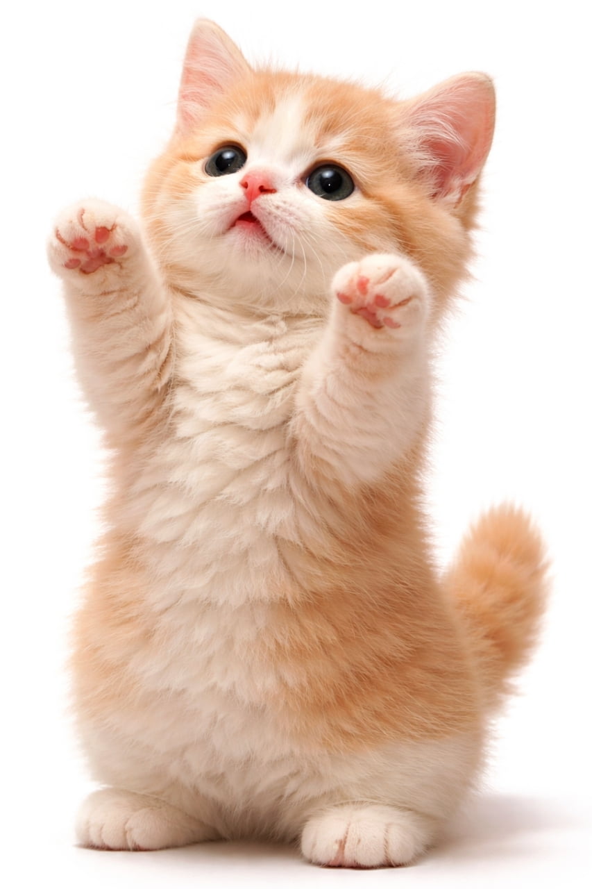 「万歳ポーズで猛アピール！？ぷにぷにのピンクの肉球がたまらない可愛さです🐾💕」Ultra-realistic high-quality photograph of an adorable orange and white munchkin kitten standing on its hind legs and reaching up with its paws, isolated on a white background. 白背景の前に立ち上がり、短い両前足を上に向けて一生懸命に何かを求めるようなポーズをとる、オレンジと白のマンチカンの子猫の高画質写真。ピンクの肉球がはっきりと見えている