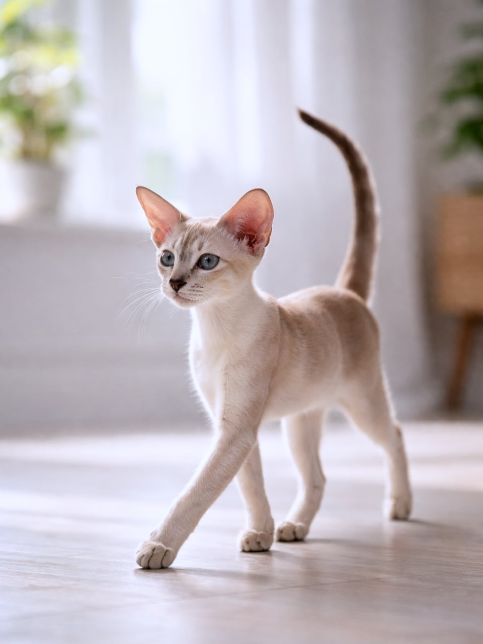 「明るい光の中をルンルンでお散歩🐾スタイリッシュだけど子猫らしい無邪気さもあって最高にキュートです💕 #子猫のいる生活 #ねこすたぐらむ」Ultra-realistic high-quality photograph of an elegant white Oriental Shorthair kitten walking gracefully with its tail up on a sunlit floor. 明るい日差しが差し込む部屋の床を、尻尾を立てて優雅に歩く白いオリエンタルショートヘアの子猫の超リアルな高画質写真