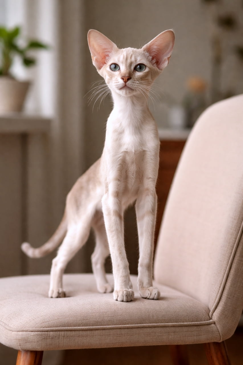 「スタイリッシュな立ち姿にうっとり✨ 大きな耳が魅力的なオリエンタルショートヘア🐱💖」Ultra-realistic high-quality photograph of an elegant Oriental Shorthair cat standing on a beige chair indoors. 室内でベージュの椅子の上にすっと立ち上がり、カメラを見つめる美しいオリエンタルショートヘアの高画質写真