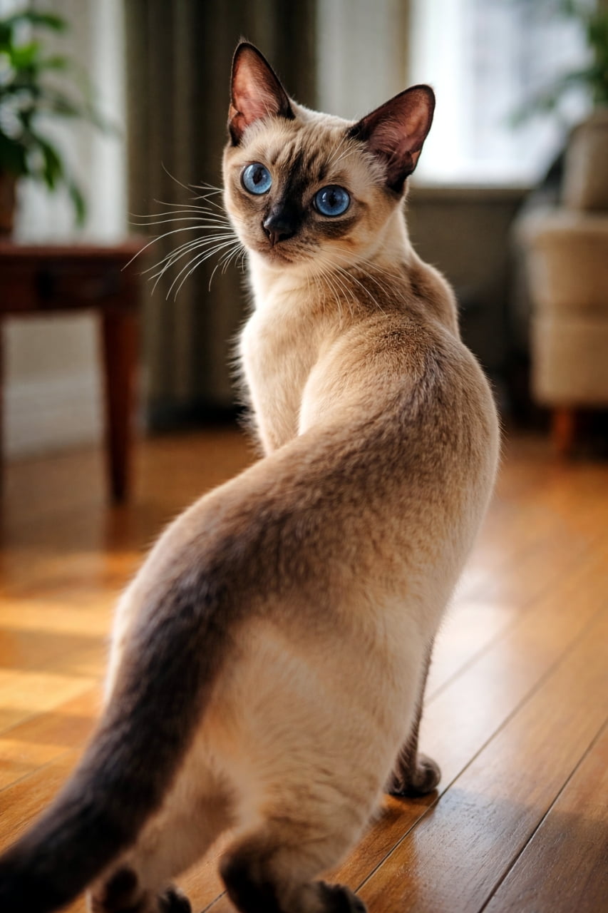「「呼んだ？」って声が聞こえてきそう🐾 見返り美猫なシャムちゃんの魅力にメロメロ😍✨」Ultra-realistic high-quality photograph of an elegant Siamese cat looking back at the camera standing on a wooden floor with warm sunlight. 暖かい光が差し込むフローリングの部屋で、振り返りながらカメラに視線を送るシャム猫の美しい高画質写真