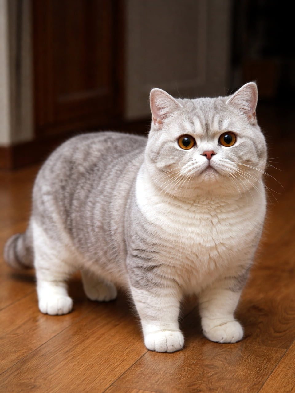 「むっちりボディが可愛すぎる！フローリングでお散歩中のグレー白猫ちゃんです🐈💨」Ultra-realistic high-quality photograph of a plump grey and white cat standing on a wooden floor, looking curiously at the camera. 木目のフローリングの上に立つ、グレーと白の被毛を持つふっくらとした猫。カメラを不思議そうに見つめている