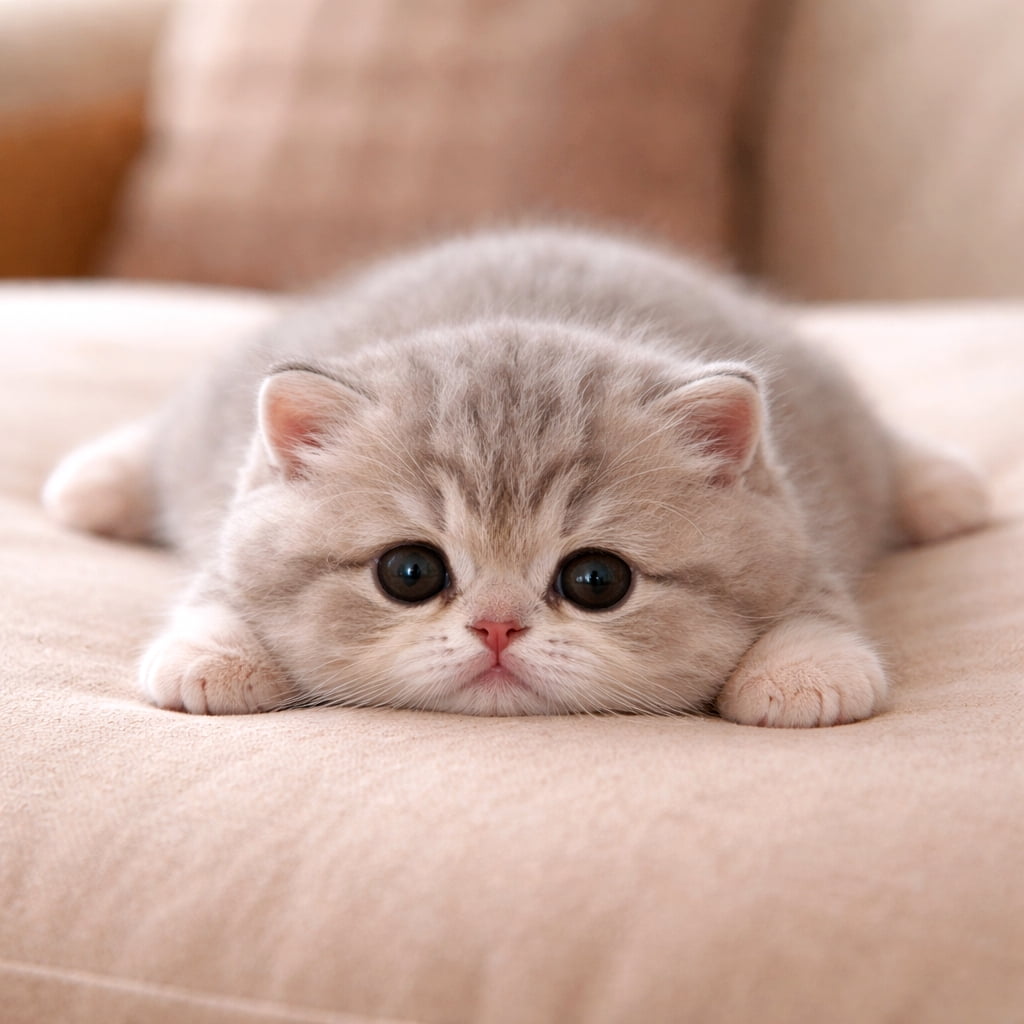 「午後のまどろみタイム😴脱力感がたまらない、癒し度満点のペタンコ子猫ちゃん🐾」Ultra-realistic high-quality photograph of a pale grey and white kitten completely relaxed with its limbs stretched out on soft beige fabric. 柔らかなベージュの布地の上で、手足を伸ばして完全にくつろいでいる淡いグレーと白の子猫