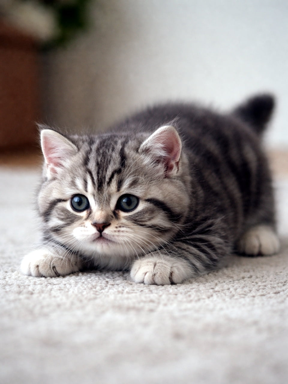 「狙いを定めて…にゃん！💨遊びたいアピール全開のアクティブな子猫ちゃんです💕🐾」Ultra-realistic high-quality photograph of a tabby British Shorthair kitten crouching low on a carpet, stretching its front paws, ready to pounce. カーペットの上で低い姿勢になり、前足を伸ばして今にも飛びかかりそうなポーズをとるトラ柄のブリティッシュショートヘアの子猫