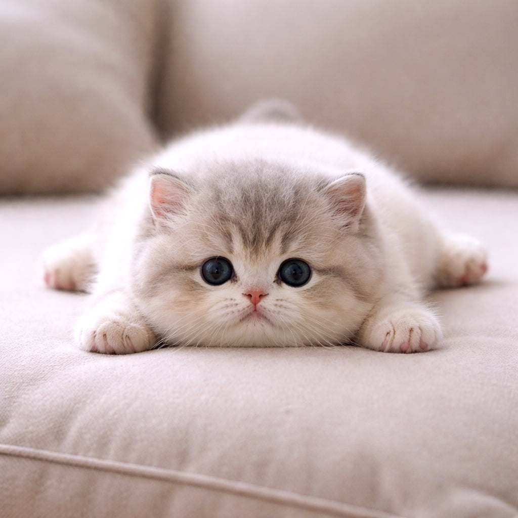 「ペタンコになっちゃった！😂ソファでとろけるような可愛さの子猫ちゃんにメロメロ💕」Ultra-realistic high-quality photograph of a whitish British Shorthair kitten lying completely flat on a beige sofa, featuring large, round eyes. ベージュのソファの上で、体を床にぺったりとつけて伏せている白っぽいブリティッシュショートヘアの子猫。大きくて丸い瞳が特徴的