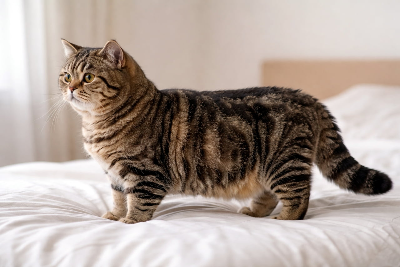 「ベッドの上でキリッ✨フカフカの毛並みがたまらない、癒し度120%の猫ちゃんです🐈💕」Ultra-realistic high-quality photograph of a plump tabby British Shorthair cat standing on a white bed, looking straight ahead towards the top left. Natural light beautifully illuminates the cat's fur. 白いベッドの上に立つ、ふっくらとしたトラ柄のブリティッシュショートヘアの猫。左上をまっすぐに見つめている。自然光が猫の毛並みを美しく照らしている