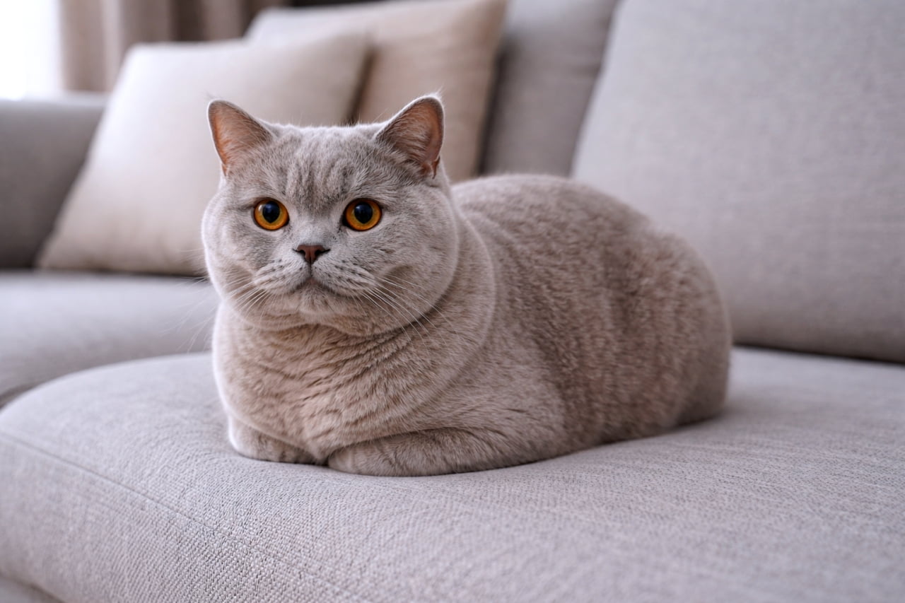 「まるで焼きたてパン！？🍞ソファでまったりくつろぐ、まん丸フォルムの猫ちゃん🐈💤」Ultra-realistic high-quality photograph of a grey cat relaxing in a loaf position on a light grey sofa. ライトグレーのソファの上で、足を体の下にしまい込む「香箱座り」をしてくつろぐグレーの猫