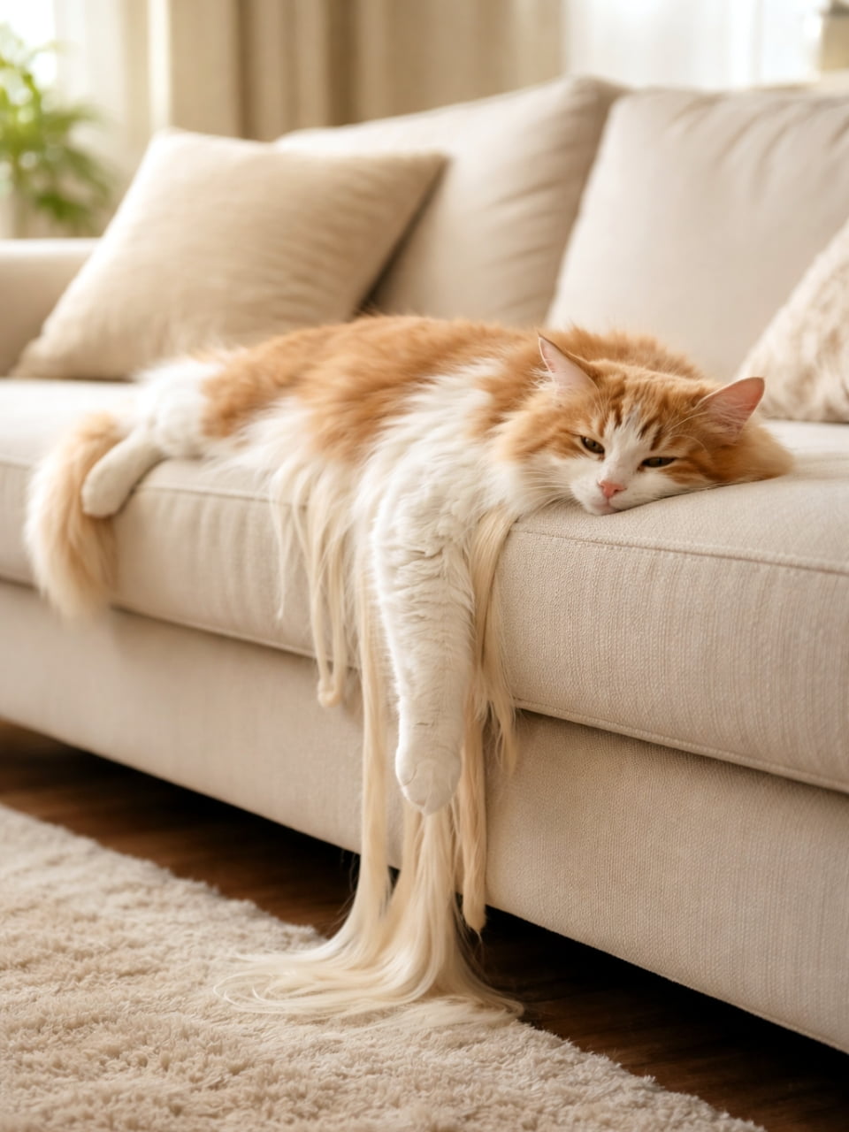Ultra-realistic high-quality photograph of an orange and white longhair cat resting on a beige sofa, but showing noticeable AI generation errors where the fur appears to be melting downwards to the floor. ベージュのソファの上でくつろぐオレンジと白の長毛猫の画像。ただし、猫の前足や体毛が床に向かって不自然に溶け落ちているような、AI画像生成特有の描写の破綻が見られる