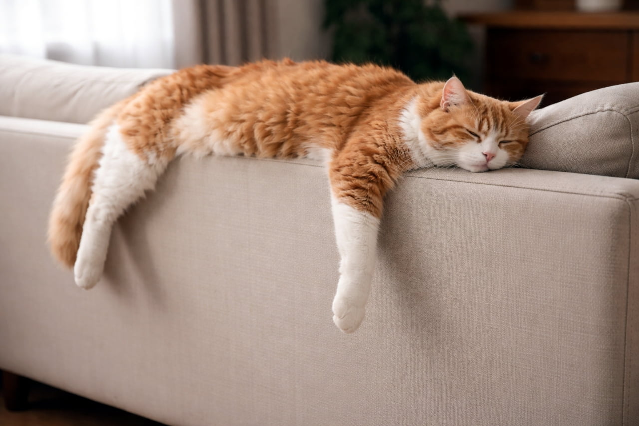 「そこが定位置！？手足をだらーんと伸ばして爆睡中の猫ちゃんに癒やされます🤤💤」Ultra-realistic high-quality photograph of a relaxed orange and white fluffy cat sleeping on the backrest of a beige sofa with its paws dangling down. ベージュのソファの背もたれの上で、手足をだらんと下げて気持ちよさそうに眠るオレンジと白の長毛猫の高画質写真。リラックスした無防備な姿が捉えられている