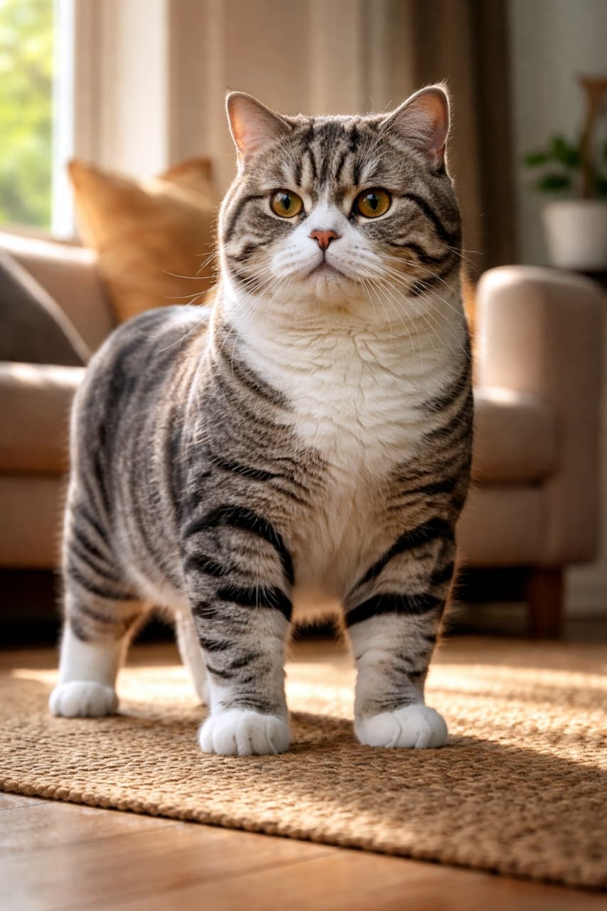 「ポカポカ陽気でリラックス🌿凛とした立ち姿が美しい猫ちゃんに癒やされよう✨」Ultra-realistic high-quality photograph of a tabby cat standing on a rug in the warm sunlight streaming through a window, with a blurred sofa in the background. 窓から差し込む暖かい日差しの中、ラグの上に立つトラ柄の猫。背景にはソファがボケて写っている