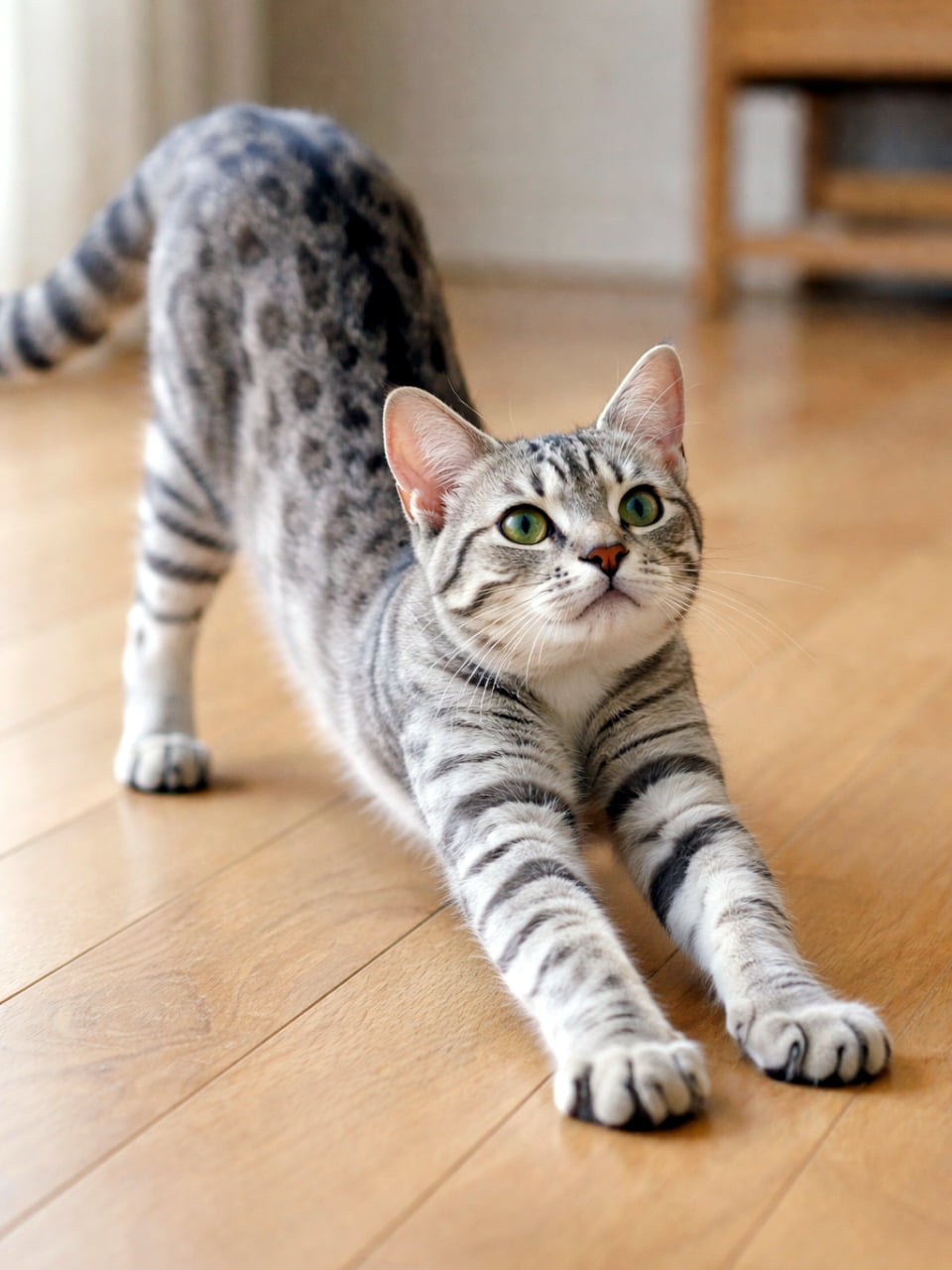 「ぐーーーんと伸びてリフレッシュ🌱✨ 気持ちよさそうにストレッチする猫ちゃん🐈💕」Ultra-realistic high-quality photograph of a silver tabby cat stretching its front legs and looking up on a wooden floor. フローリングの床で気持ちよさそうに前足を伸ばして、上を見上げながらストレッチをするシルバータビーの高画質写真