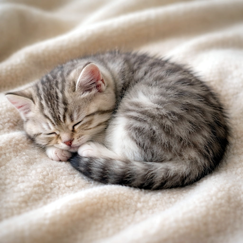 「夢の中へ…☁️💤 ふわふわ毛布でお昼寝中の子猫ちゃんに癒やされちゃおう🐈✨」Ultra-realistic high-quality photograph of a sleeping silver tabby kitten curled up on a fluffy beige blanket. 柔らかいベージュの毛布の上で、体を丸めてスヤスヤと眠るシルバータビーの子猫の高画質写真