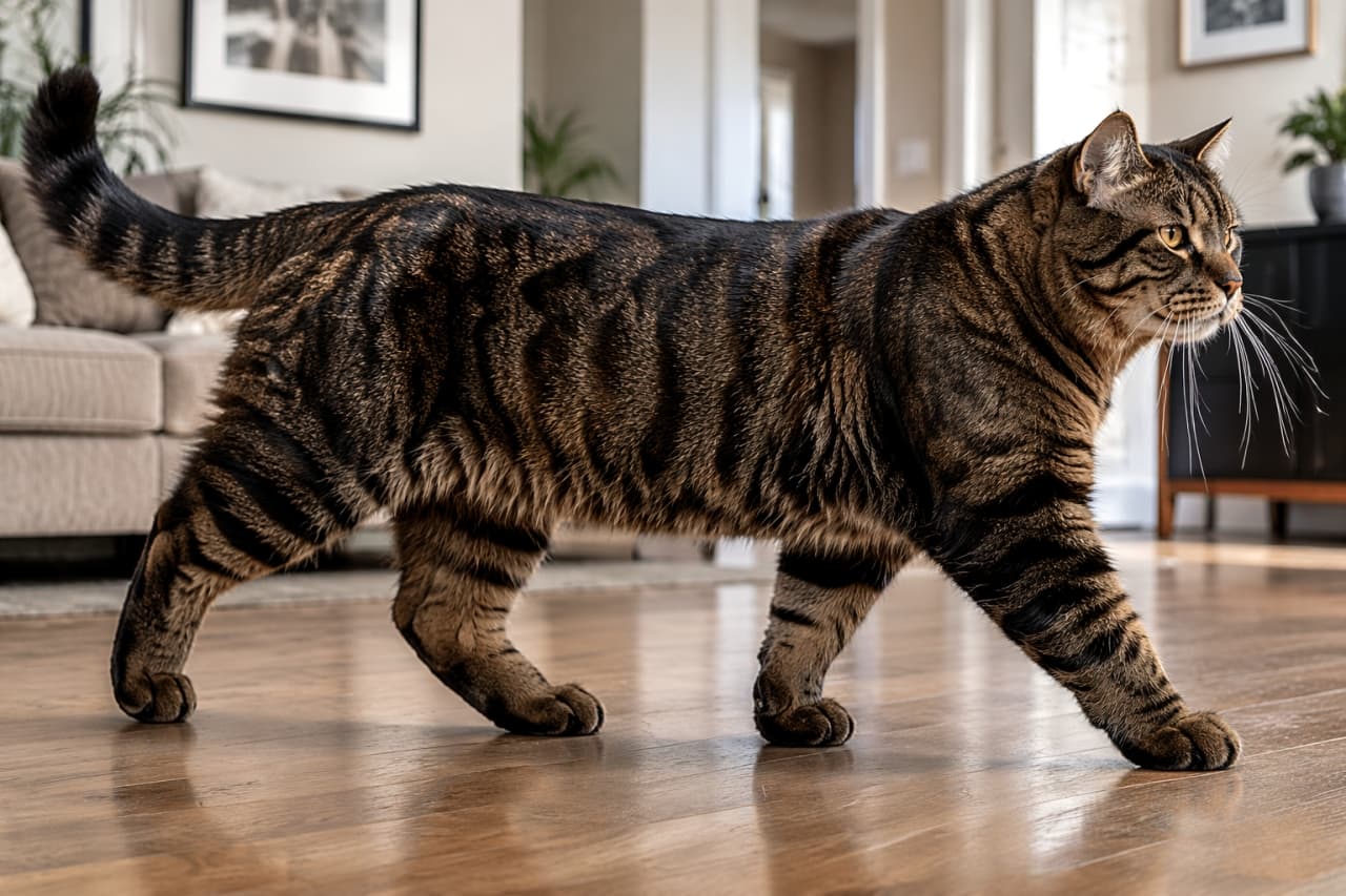 「この堂々とした歩き方、まるで小さなトラみたい🐅✨お部屋のパトロール中かな？🐾 #猫のいる暮らし #キジトラ」Ultra-realistic high-quality photograph of a massive, heavily boned tabby cat walking powerfully across a hardwood floor in a sunlit living room. この堂々とした歩き方、まるで小さなトラみたい🐅✨お部屋のパトロール中かな？🐾 #猫のいる暮らし #キジトラ