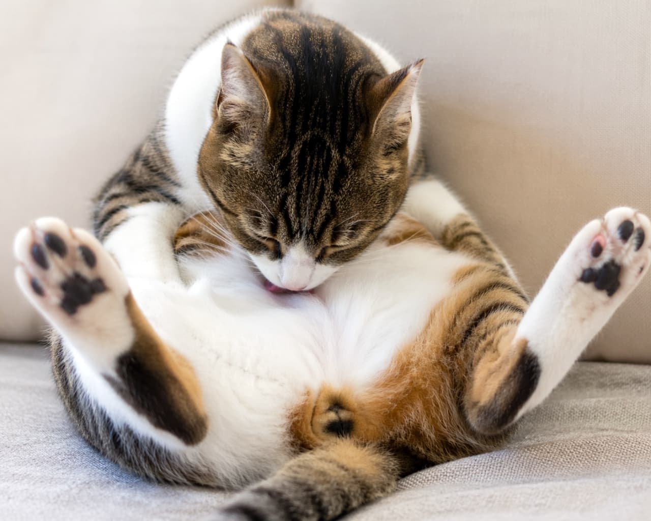 「お腹をペロペロ🐈✨ 後ろ足がパカっと開いたリラックスポーズがかわいすぎる～🥺💖 #猫 #グルーミング お手入れに全集中！ちょっと大胆すぎるポーズだけど、本人は至って真面目なんですニャ😂✨」Ultra-realistic high-quality photograph of a cat in a funny pose on a sofa, grooming its belly with legs spread wide. Showcases detailed paw pads and soft white fur. ソファの上で仰向けになり、両足を広げてお腹をなめている猫のコミカルなポーズ。肉球の細部や、柔らかそうな白いお腹の毛並みがリアルに再現されています