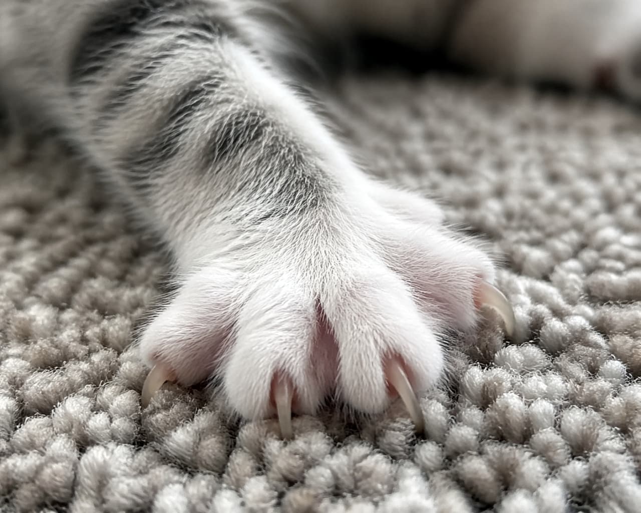 「このふわふわ感、伝わる？🐾 ちょっぴり出たお爪もご愛嬌✨ 猫の手を借りたいあなたへ！ #猫の手 #ねこ部」Ultra-realistic high-quality macro photograph of a white cat paw with extended claws resting on a grey textured carpet, highlighting the soft fur. グレーのカーペットの上に置かれた猫の白い前足の超アップ写真。ふわふわの毛並み、少し出た鋭い爪、ピンク色の皮膚の質感が詳細にわかる高品質なマクロ撮影
