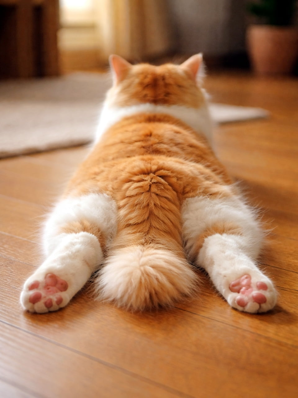 「完全にオフモードの猫様😂 床の冷たさが気持ちいいのかな？🐾 無防備な後ろ姿がたまらないですね💖 #猫の開き」Ultra-realistic high-quality photograph of a fluffy orange and white cat relaxing flat on a wooden floor from behind, with its hind legs stretched back revealing pink paw pads. フローリングの床にぺったりと腹ばいになってリラックスする、茶白の長毛猫の後ろ姿。両後ろ足が後ろに投げ出され、ピンクの肉球が見えている