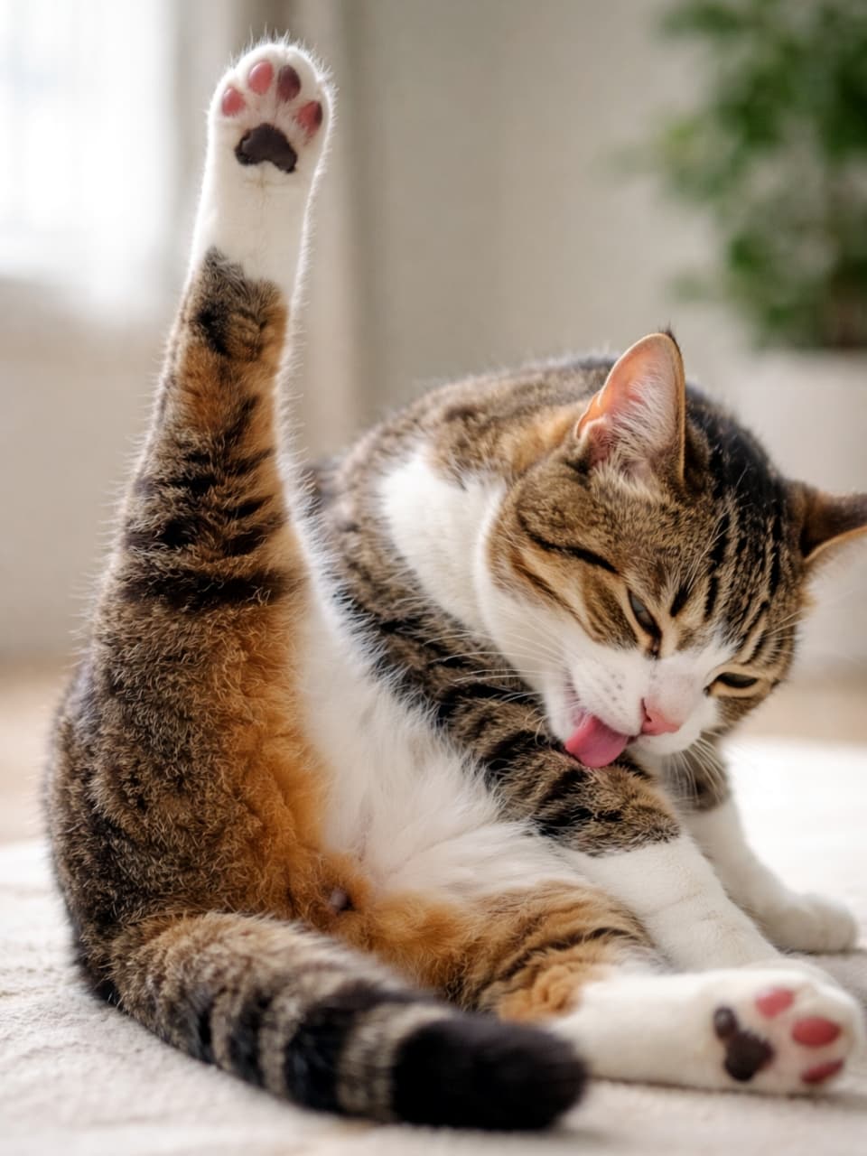 「ヨガのポーズみたい！？🐾 ピンと伸びた足と一生懸命に毛づくろいする姿に癒やされますニャ〜🐈✨ #猫のいる暮らし #毛づくろい」Ultra-realistic high-quality photograph of a tabby and white cat lifting its hind leg straight up while grooming in the bright sunlight. 明るい日差しの下で、後ろ足を真っ直ぐ上に伸ばして熱心に毛づくろいをするキジ白猫の超高画質な写真