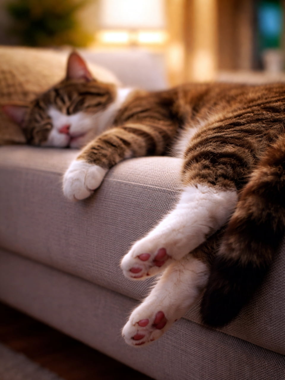 「1日の疲れも吹き飛ぶ寝顔😪 ソファからはみ出した足の裏が最大のチャームポイントです🐾✨ #リラックスタイム #猫好き」Ultra-realistic high-quality photograph of a tabby and white cat sleeping deeply on a sofa with its paws hanging off the edge in a warm, dimly lit room. 暖かい照明の部屋で、ソファの端から足をだらんと垂らして眠るキジ白猫の超高画質な写真