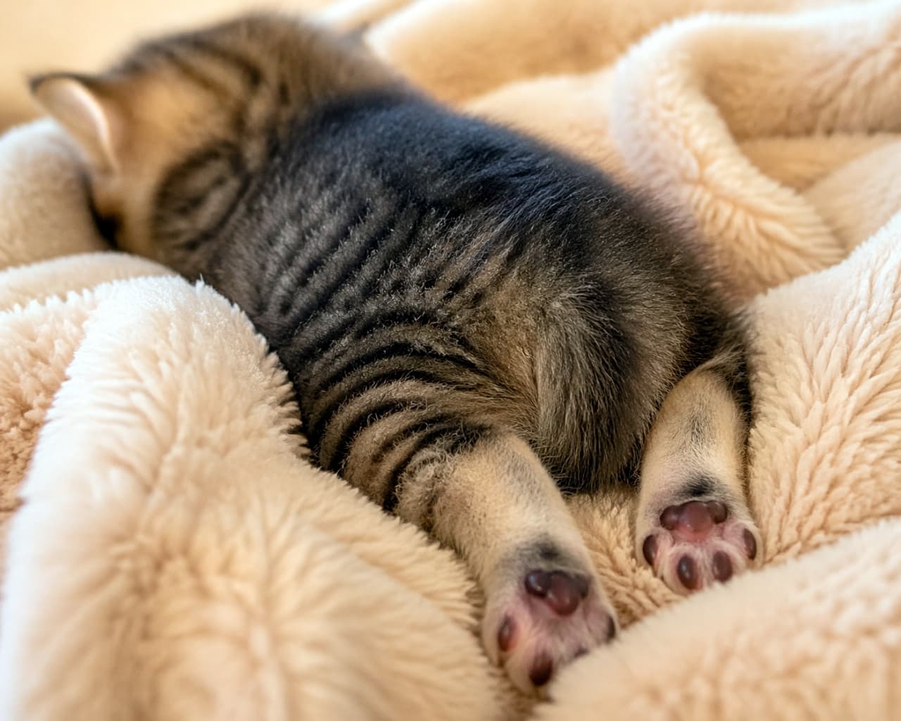 「もふもふ毛布に埋もれてスヤスヤ💤 小さな後ろ足と肉球がたまらない可愛さです🐾👼 #子猫の寝顔 #癒し画像」Ultra-realistic high-quality photograph of a sleeping kitten lying face down on a soft, fluffy blanket, highlighting its adorable hind paws and bum. ふわふわの柔らかい毛布の上でうつ伏せになり、無防備に眠っている子猫のリアルな高画質写真。カメラの手前にはキュートな後ろ足の肉球とお尻が写っており、温かくてリラックスした雰囲気が伝わります