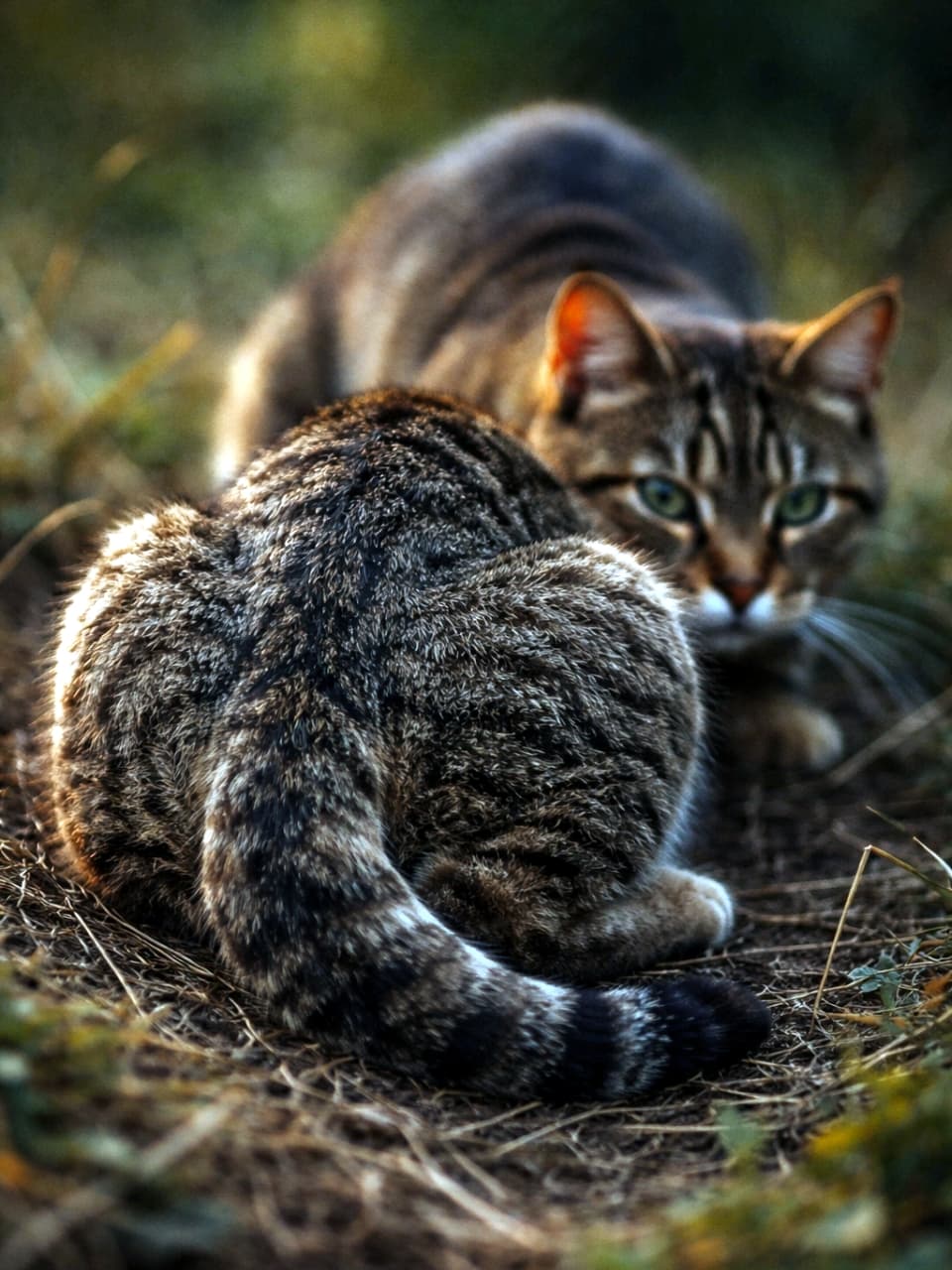 「野生のスイッチ、オン🔥 狙った獲物は逃がさないにゃ！😼 いつもと違うキリッとした表情にドキドキ…💖 #ハンター猫」Ultra-realistic high-quality photograph of a tabby cat crouching in the grass at twilight in a hunting pose, with a sharp gaze and its back prominently featured in the foreground. 薄暗い草むらの中で身を低くして伏せるキジトラ猫。手前には大きく丸まった後ろ姿があり、顔はこちら（または獲物）を鋭い視線で見つめている