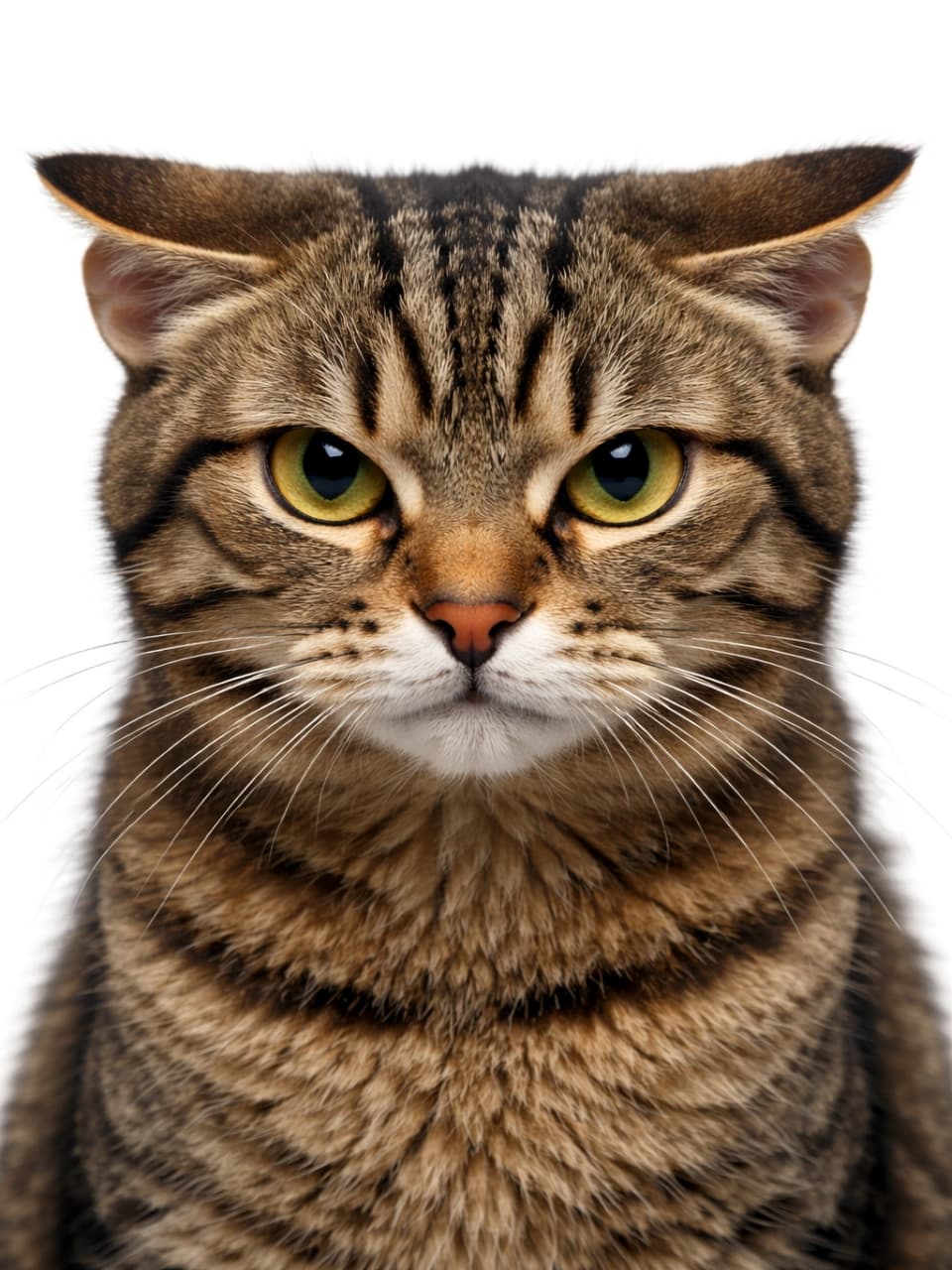 「ご機嫌斜めなのかな？😾見事な「イカ耳」になっちゃったキジトラちゃん！怒ったお顔もまた愛嬌があって可愛いですよね💕」Ultra-realistic high-quality photograph of an angry tabby cat looking directly at the camera against a white background. The flattened ears (airplane ears) clearly show a displeased expression. 白背景で真正面を向くキジトラ猫の高画質写真。耳を平らに伏せた「イカ耳」の状態で、不機嫌そうな鋭い表情をしている