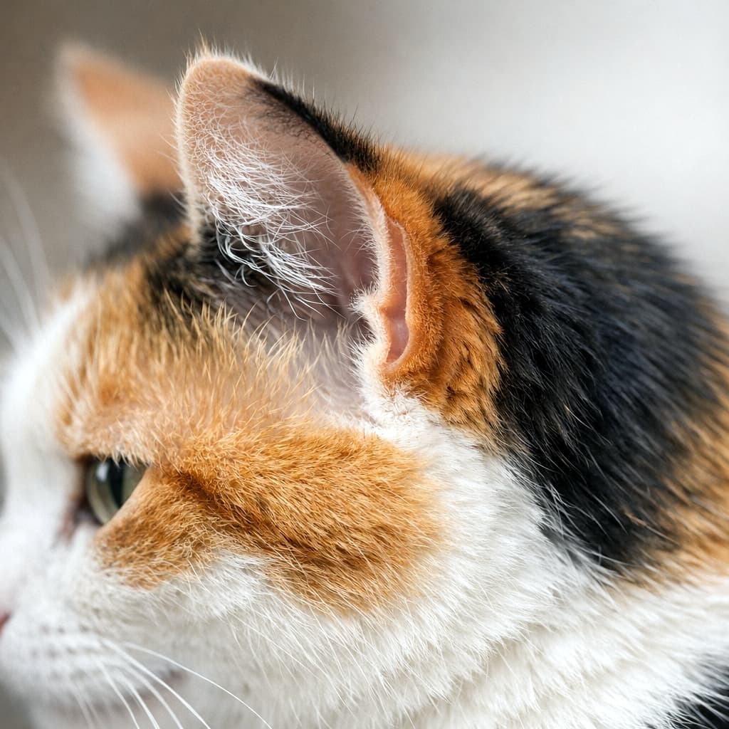 「猫の耳の付け根にある謎の切れ込み「縁ポケット」を激写！🔍👂毛色が切り替わる部分にあって、とっても神秘的だニャ〜✨🐈」An extreme close-up of a calico cat's ear and side profile, specifically focusing on the Henry's pocket located exactly where the orange and black fur seamlessly transitions under soft, diffused lighting. 柔らかく拡散された光の下で撮影された三毛猫の耳と横顔の極端なクローズアップ。オレンジと黒の毛色が切り替わる絶妙な位置にある縁ポケット（ヘンリーズポケット）にしっかりと焦点を当てています