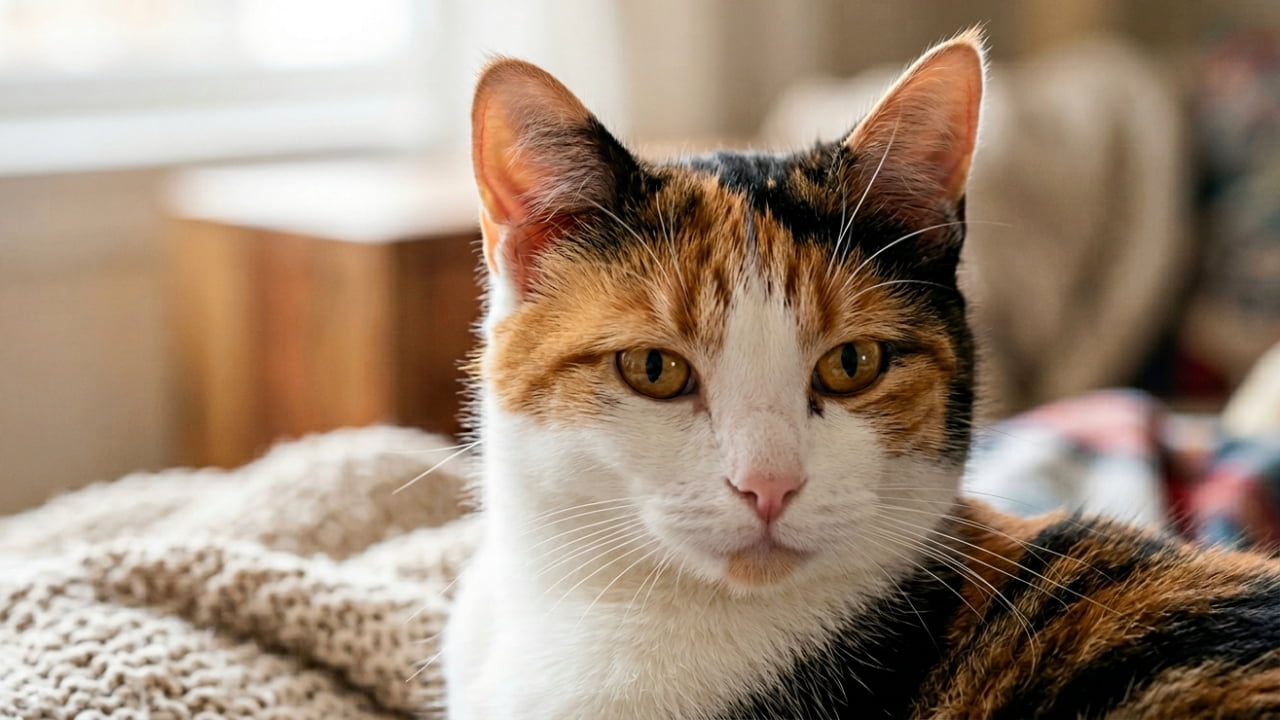 「柔らかな光に包まれた三毛猫ちゃんのおすまし顔📸✨お部屋でのんびりリラックス中の、美しい毛色に思わずうっとりしちゃうニャン🧶🐈」A softly lit close-up portrait of a calico cat looking slightly off-camera, showcasing its beautiful orange, black, and white fur patterns while resting comfortably on a textured knit blanket indoors. 柔らかい光に包まれた三毛猫のクローズアップポートレート。室内でざっくりと編まれたブランケットの上でくつろぎながら、オレンジ、黒、白の美しい模様を見せつつ、少し斜め前を見つめています